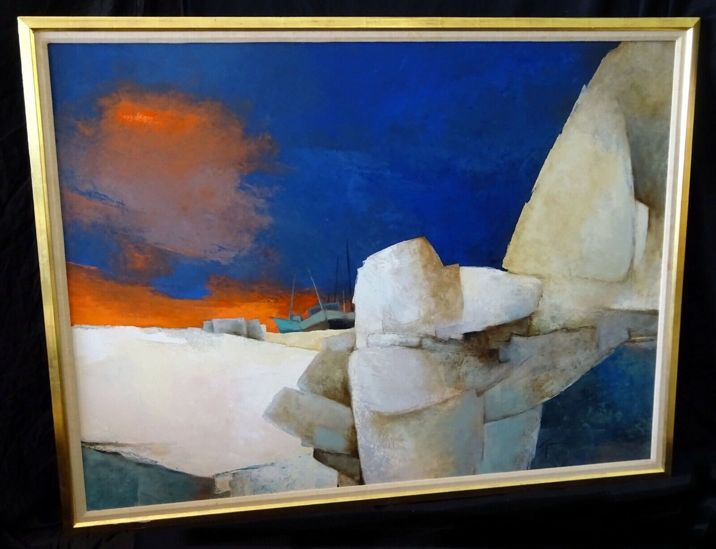 French Large Oil Painting Maritime Harbor-scape by Claude Gaveau (b. 1940) (MeG)