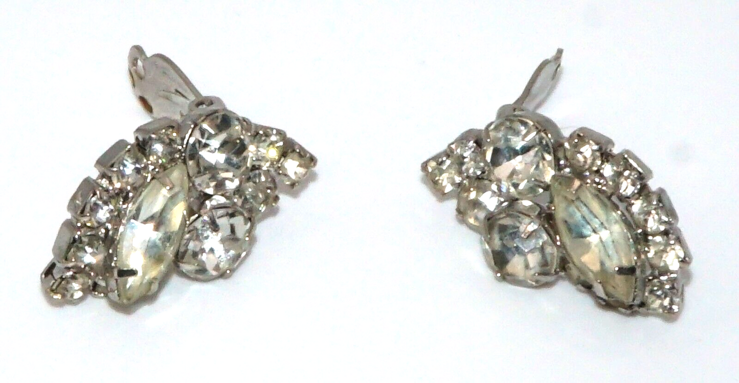 Vintage Silver tone Rhinestone Clip On Earrings w Round & Marquise Stones (McC)