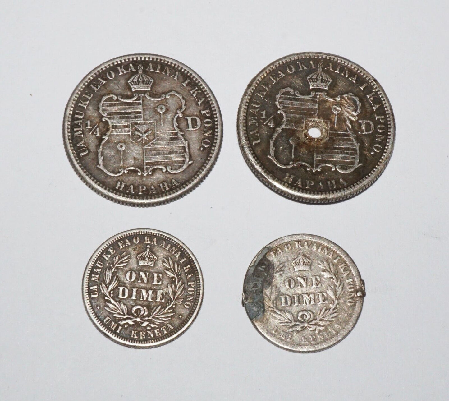 4x 1883 Hawaii Silver Quarter Dollar Hapaha & 10 Cents 1x Dime Kalakaua (Amy)