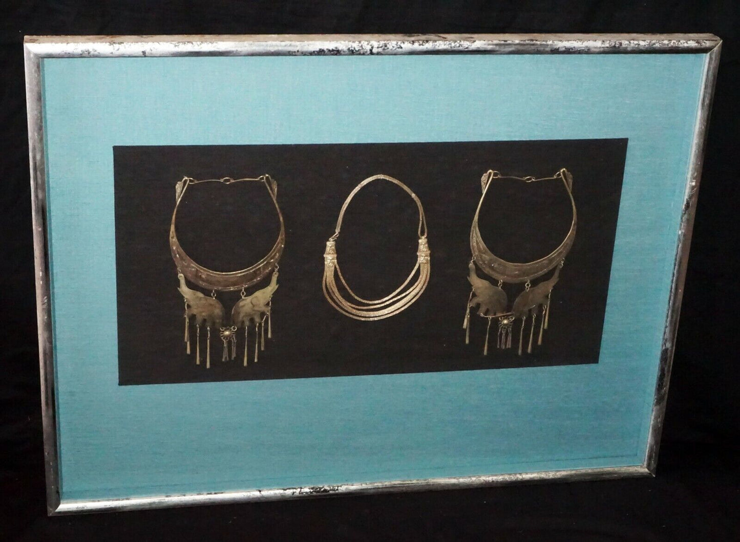 S.E. Asian Framed Mounted 3x Silver Tribal Necklaces w. Elephant Motif (***)