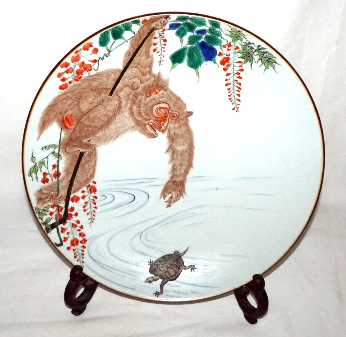 Japanese Meiji Kutani Ware Large Porcelain Plate w Monkey & Hairy Tortoise (FeH)