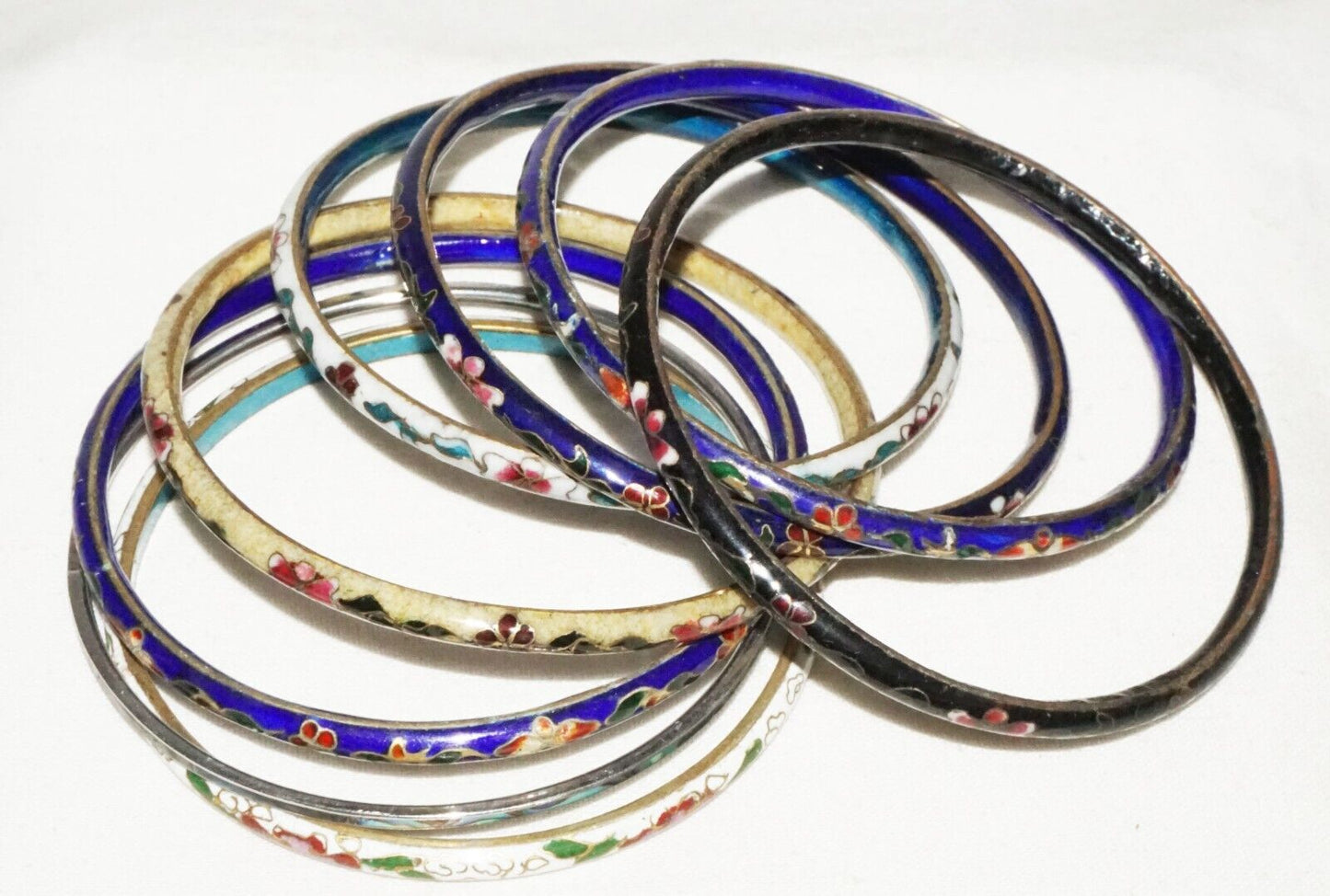 7Pc Vintage Chinese Multicolor Cloisonne Bangle Bracelet Lot w. Floral (LeS)L25