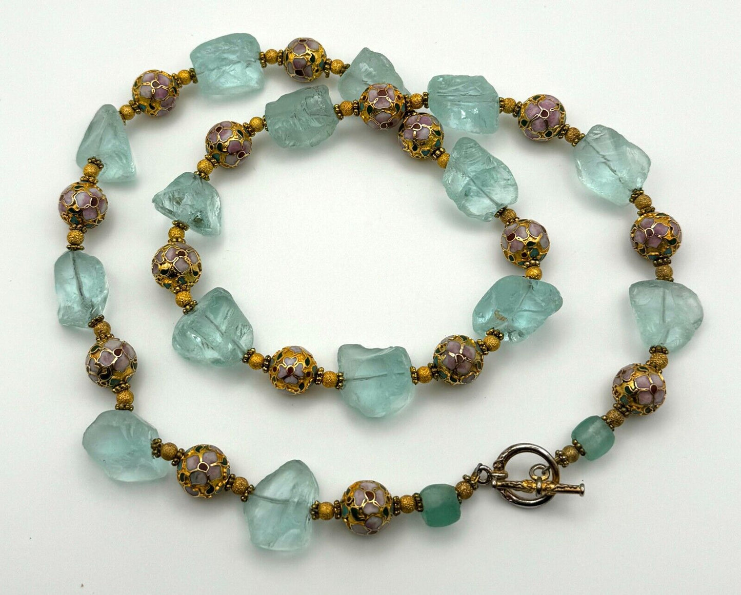 Rough Aquamarine Bead & Cloisonné Necklace 26" (KnK)