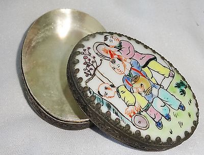 20CT Chinese oval Silver Box w. Porcelain Top "Children Motif Famile Rose (Ver)