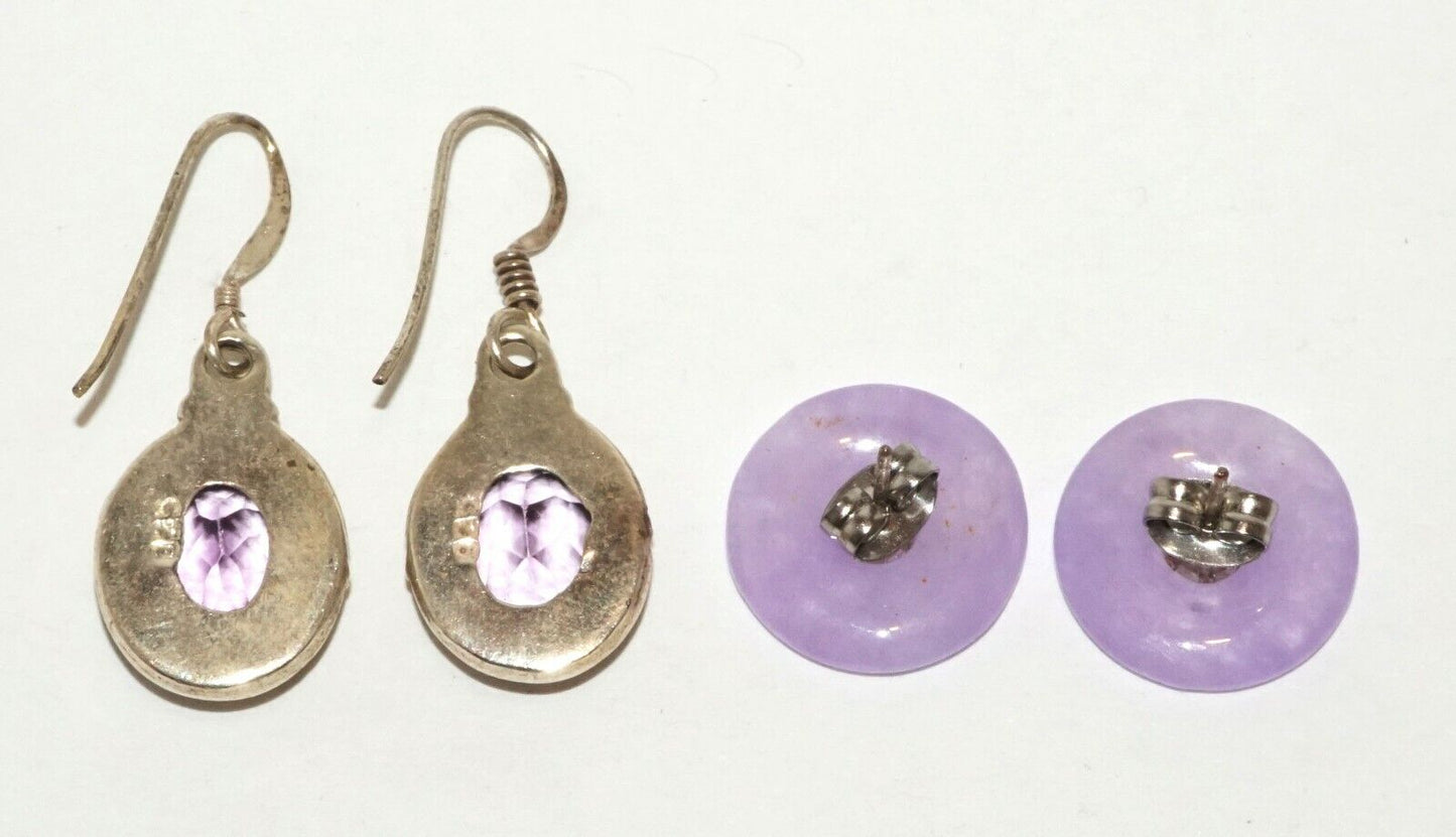 2xPairs Modern Silver Earrings w. Amethysts and Lavender Jade & CZ (HaL)#24