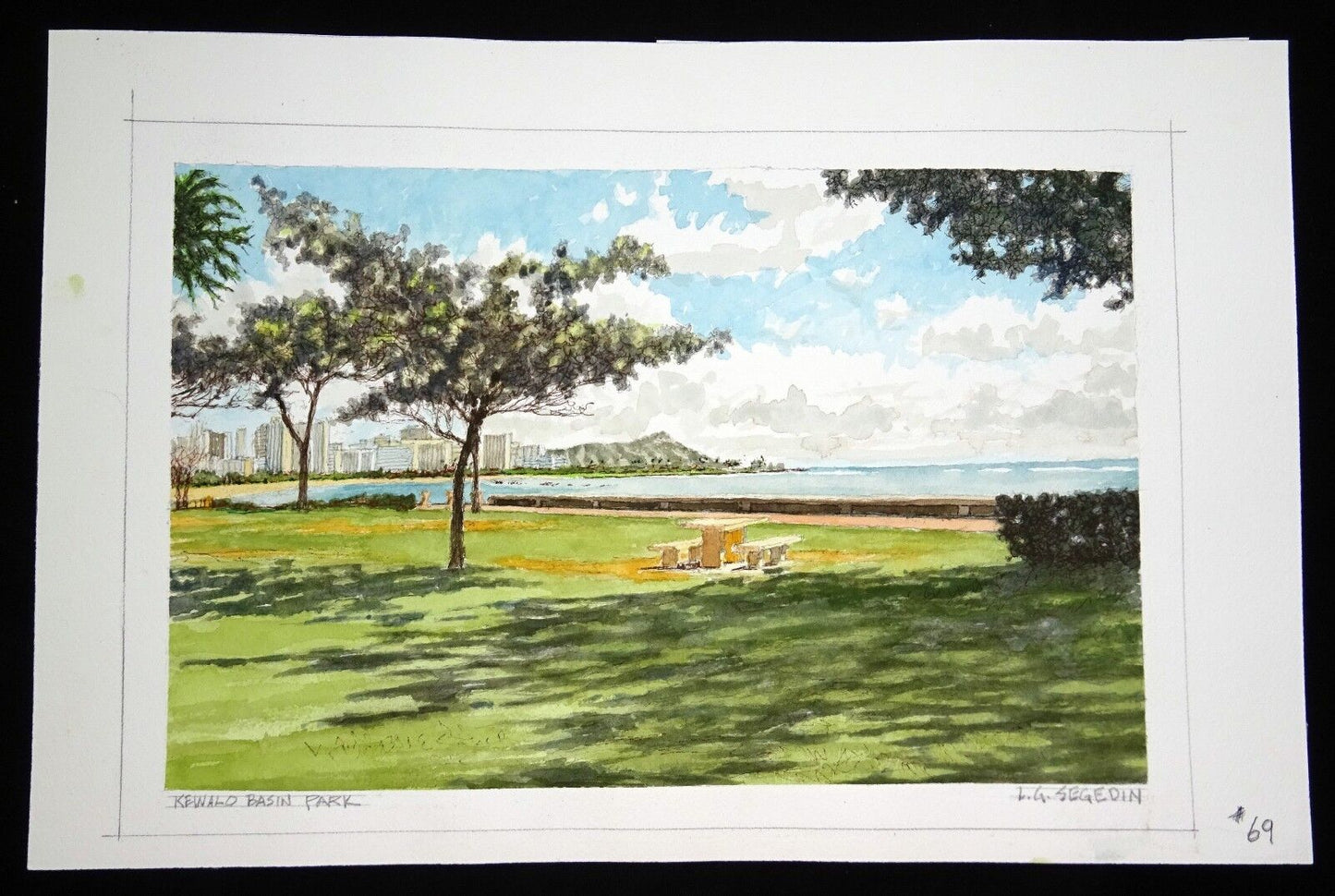 Original Hawaii Watercolor Painting "Kewalo Basin Beach Park" by L. Segedin #69