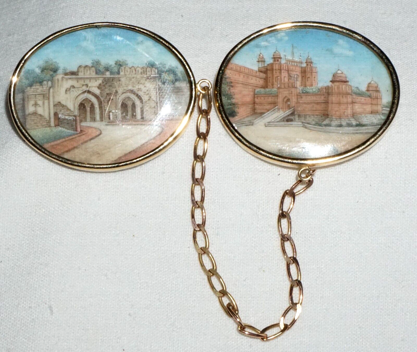 Antique 14k Yellow Gold Oval Painted Plaque w. Castle Motif Double Brooch (GeB)6