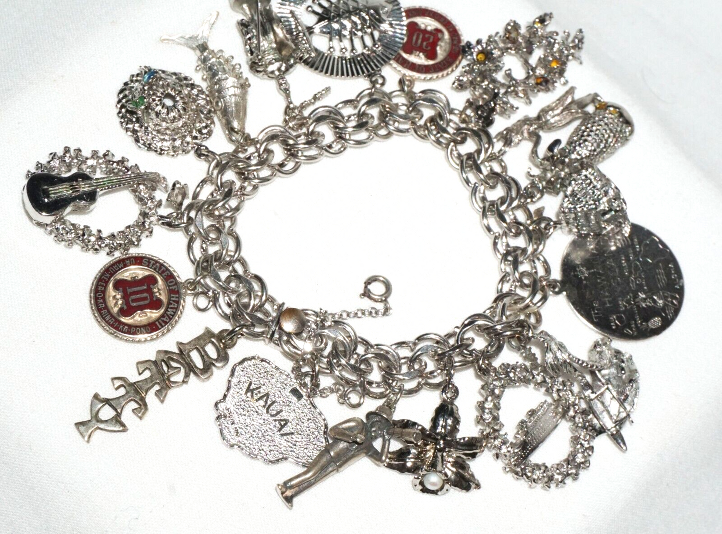 Vintage Sterling Silver Charm Bracelet w. 18x Hawaii Themed Charms (BrM)#6