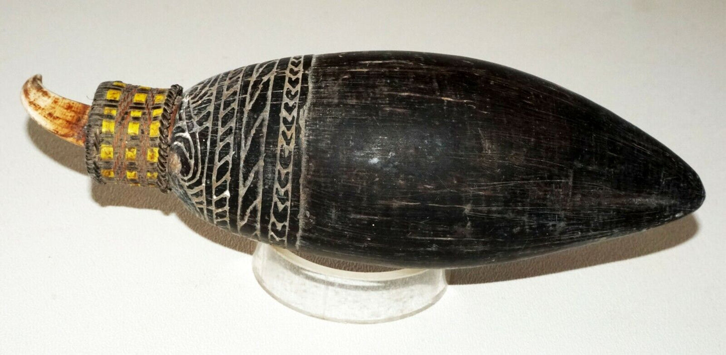 New Guinea Wooden Carved Lime Container w. Boars Tusk Finial Top (Mil) #213