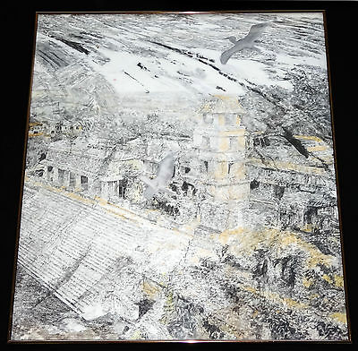 HAWAII ABSTRACT GRAPHITE PAINTING "CRANES FLYING over PALACE" by JEFF DUNN (BTG)