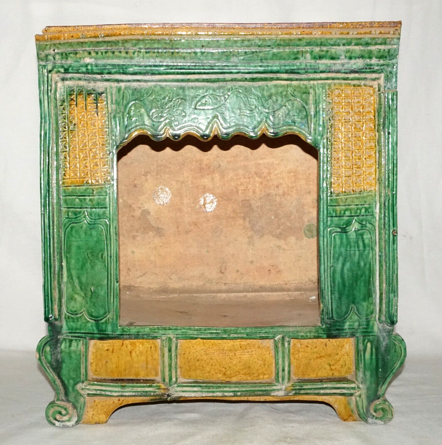 Antique Chinese Ming Green & Yellow Glazed Stoneware Mini Bed in Box (UVi)#11 IC
