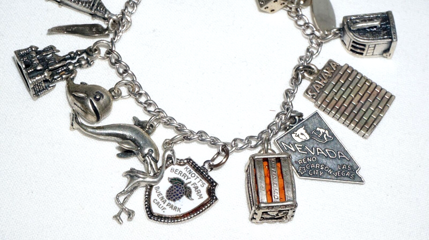 Vintage Sterling Silver Charm Bracelet w. 16x Travel & City Charms (BrM)#6