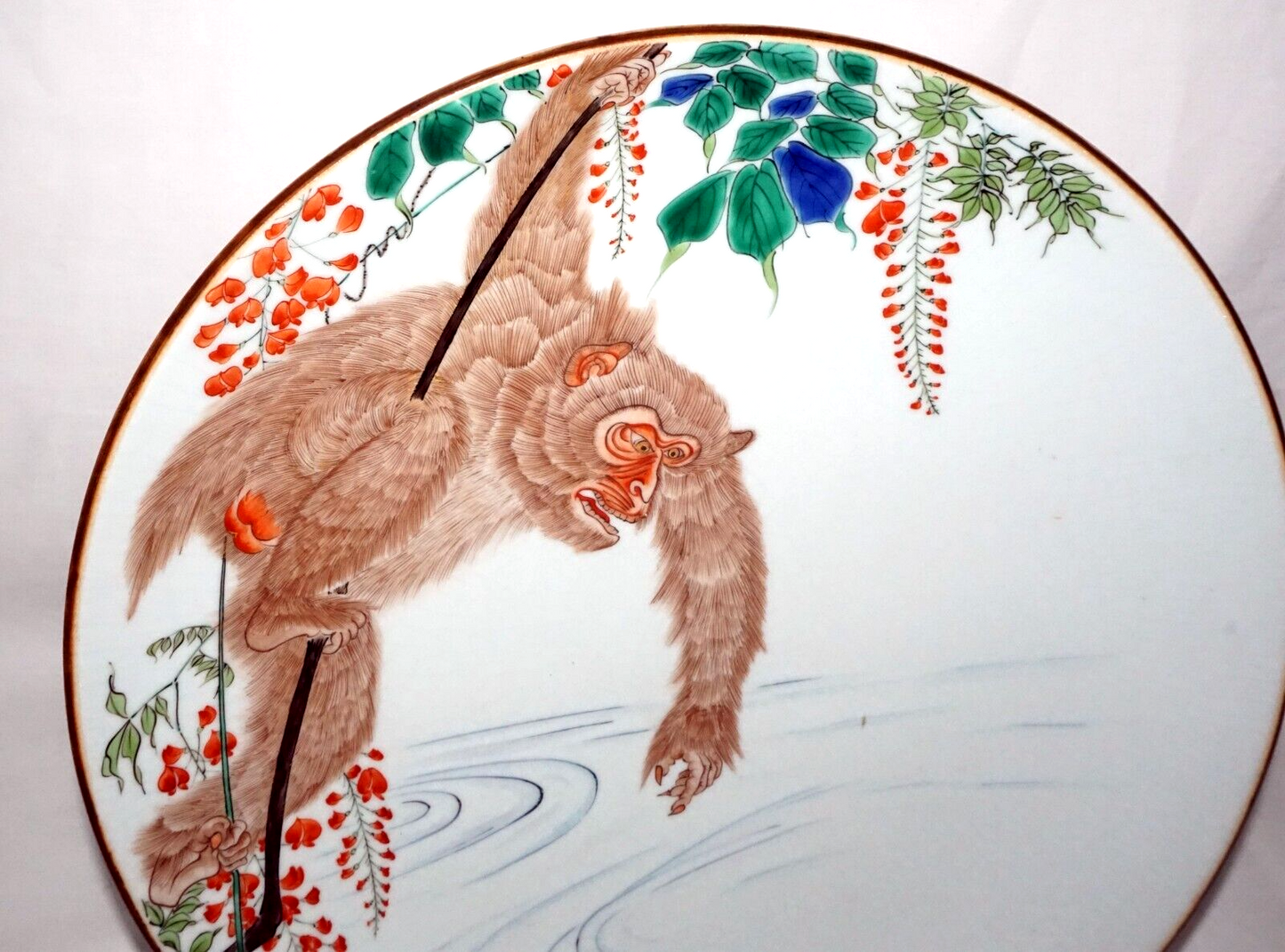 Japanese Meiji Kutani Ware Large Porcelain Plate w Monkey & Hairy Tortoise (FeH)