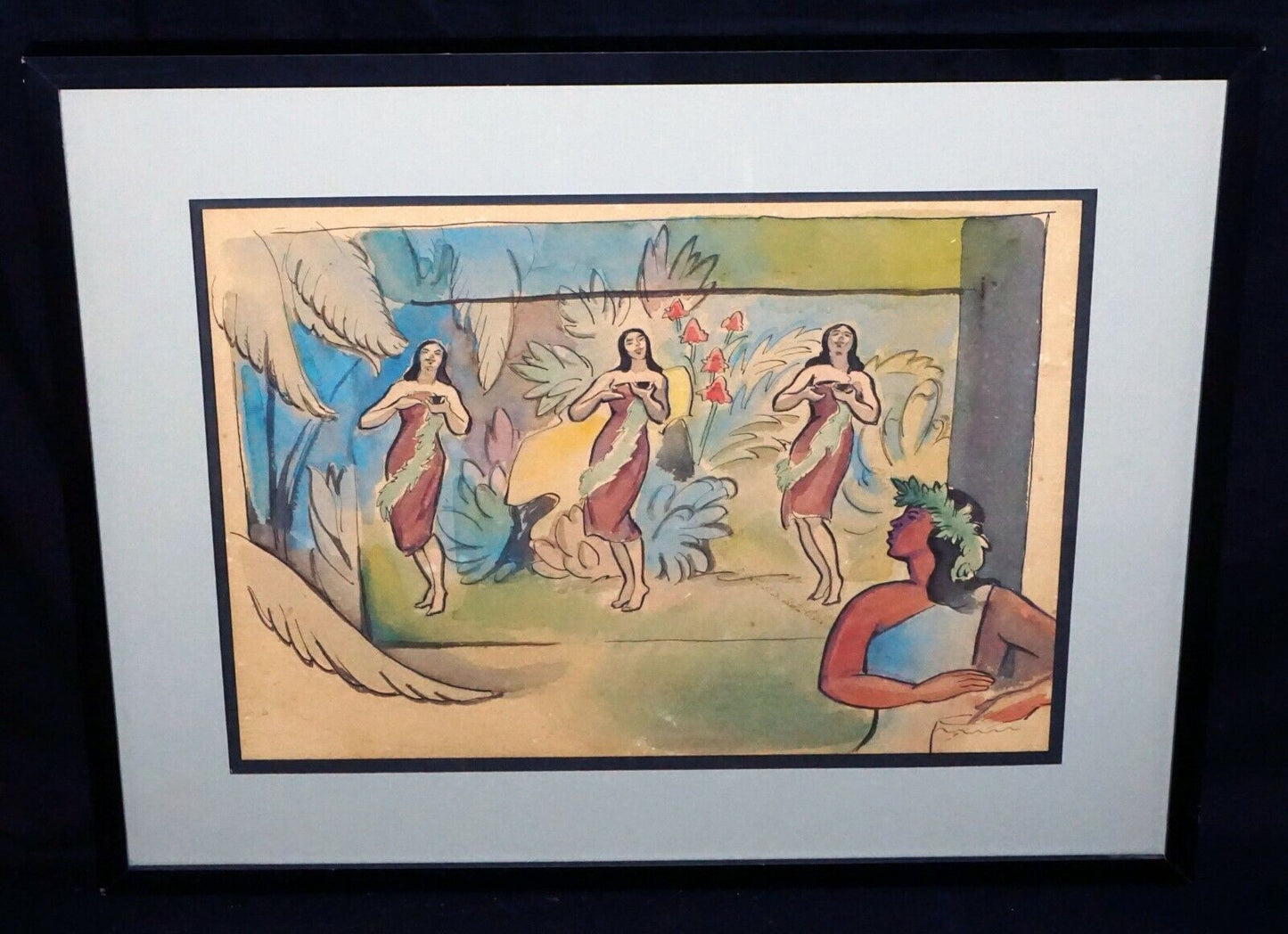 '40s Hawaii Ink & WC Painting Hula Dancers Robert L. Eskridge (1891-1975)(BeG)