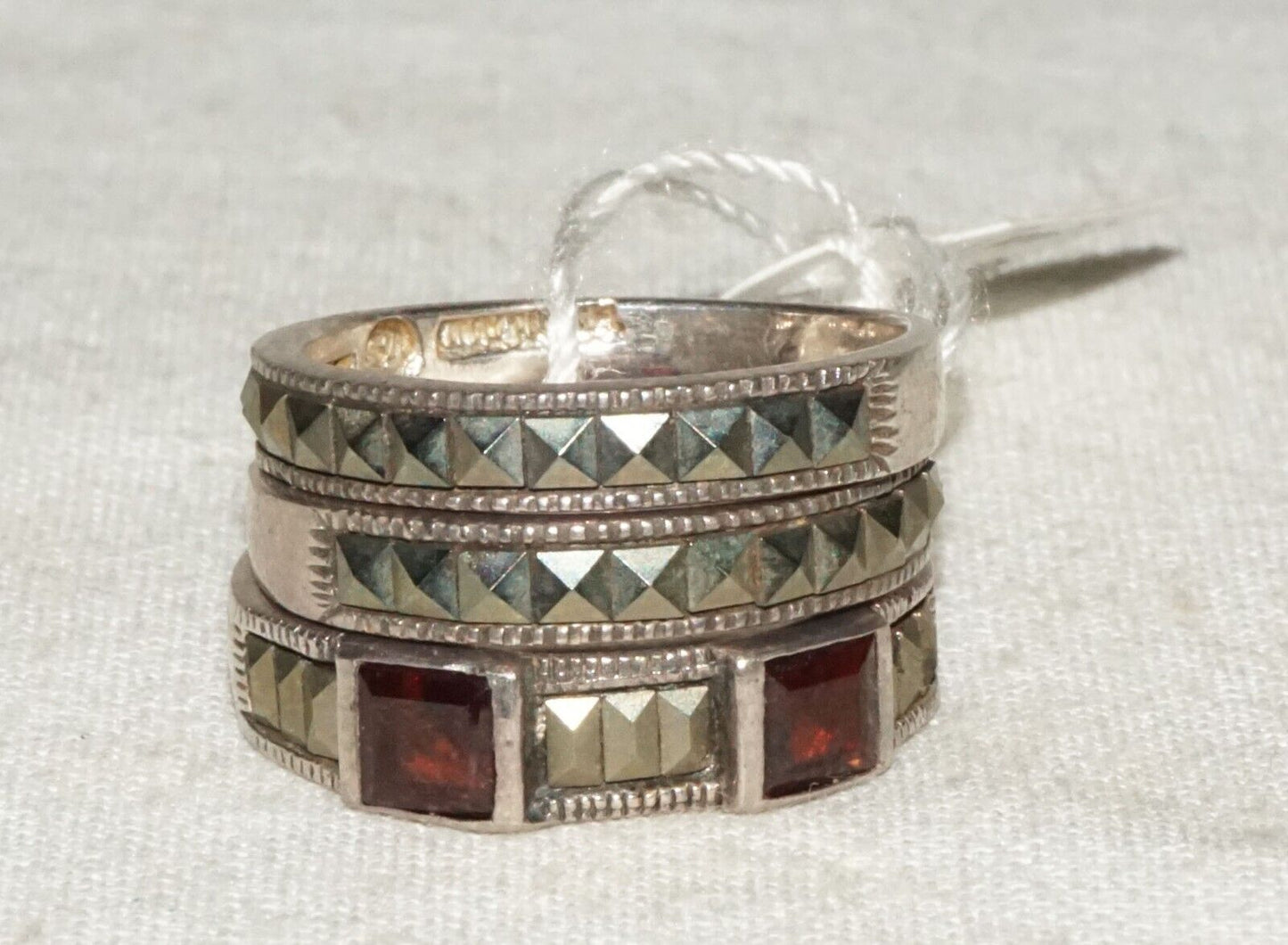 3Pc Thai Sterling Silver Rings Sz.6/6.25 Marcasite & Garnet Accents (KiL)
