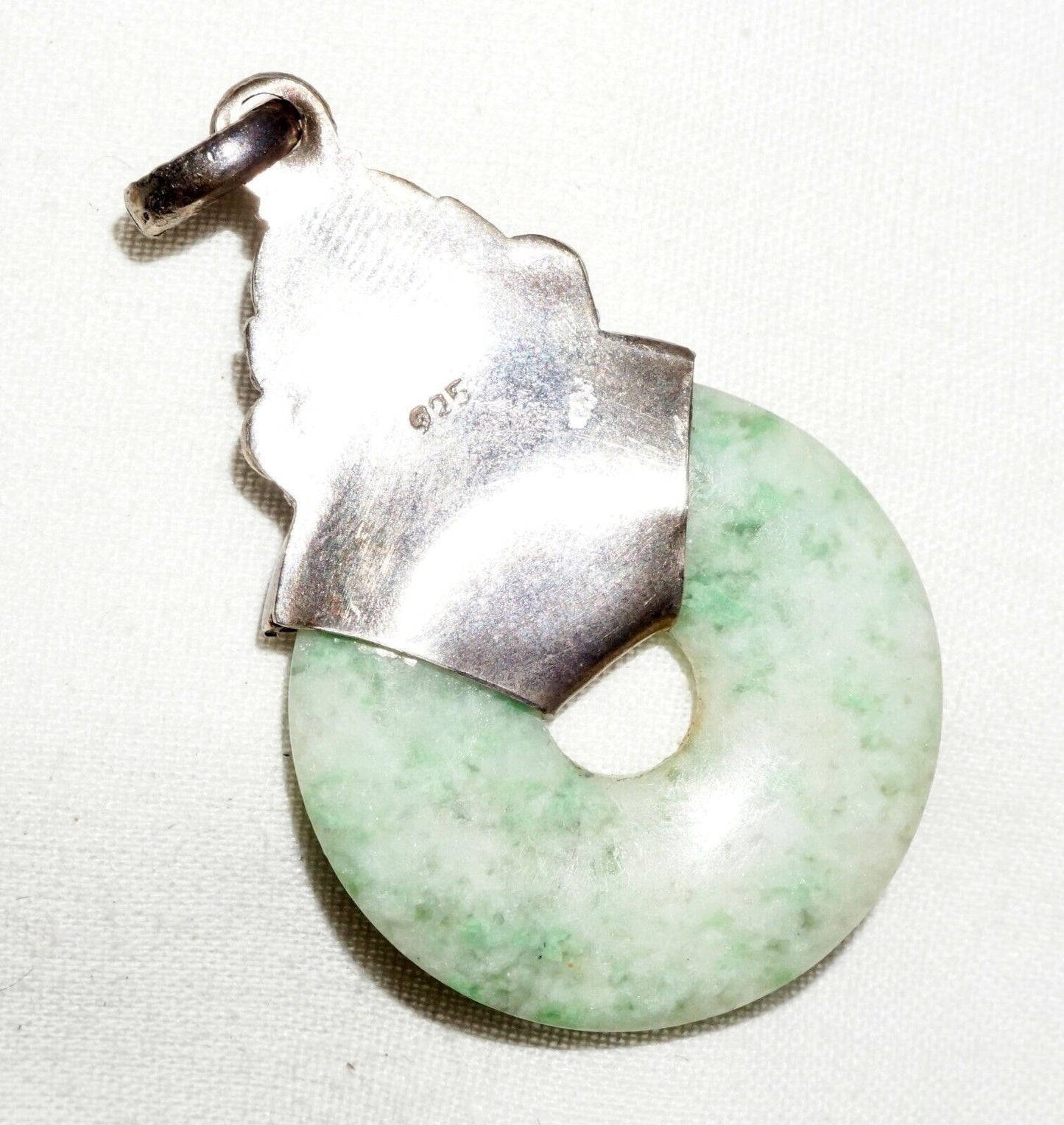 Vintage Chinese Sterling Silver Pendant w. Jadeite Jade Disk & Amethyst (***)