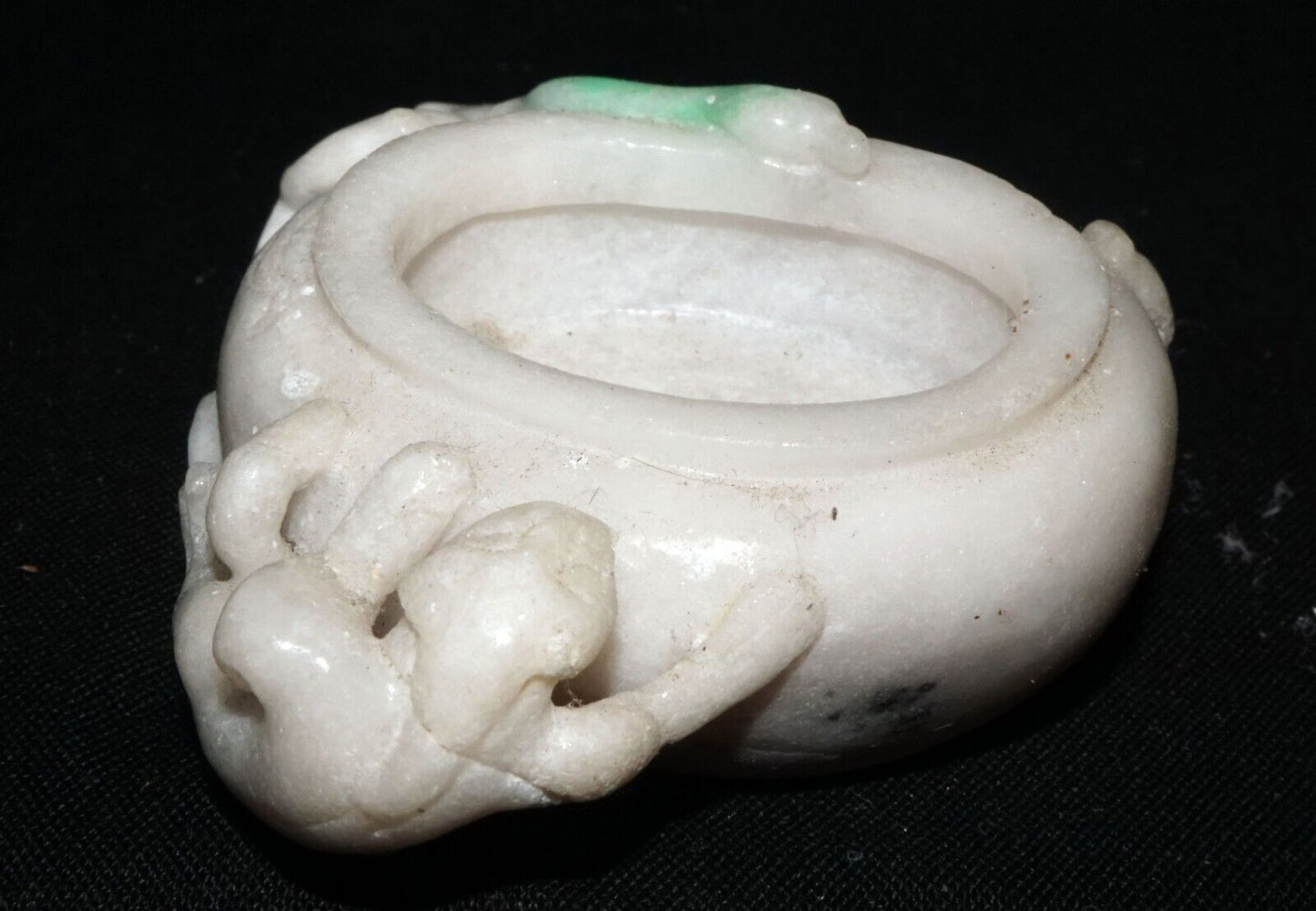 Vintage Chinese White & Apple Green Jade Mini Brush Washer Dragon Bird (LeS) G11