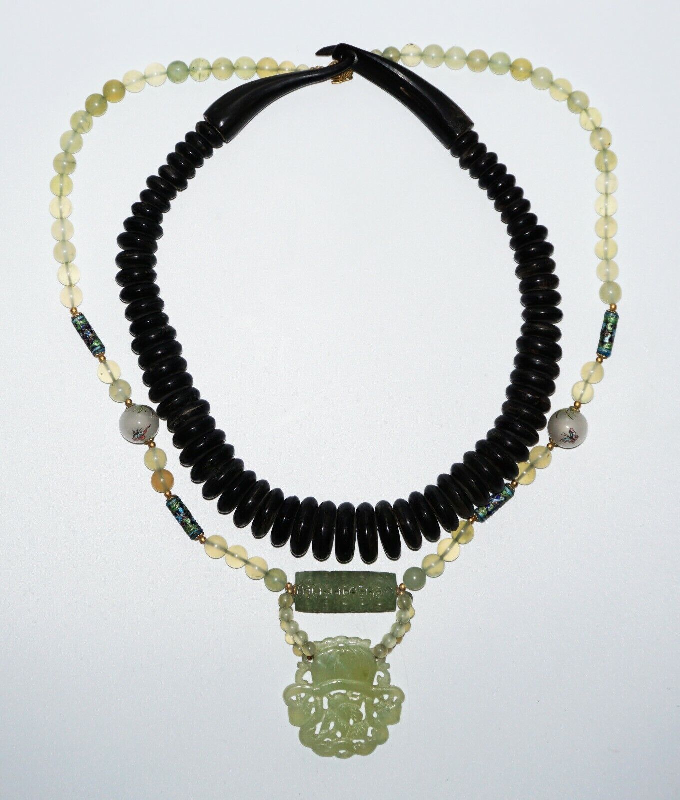 2x Vintage Chinese Horn & Hard-stone & Glass Bead Necklace w. Pendant (NoN)C2