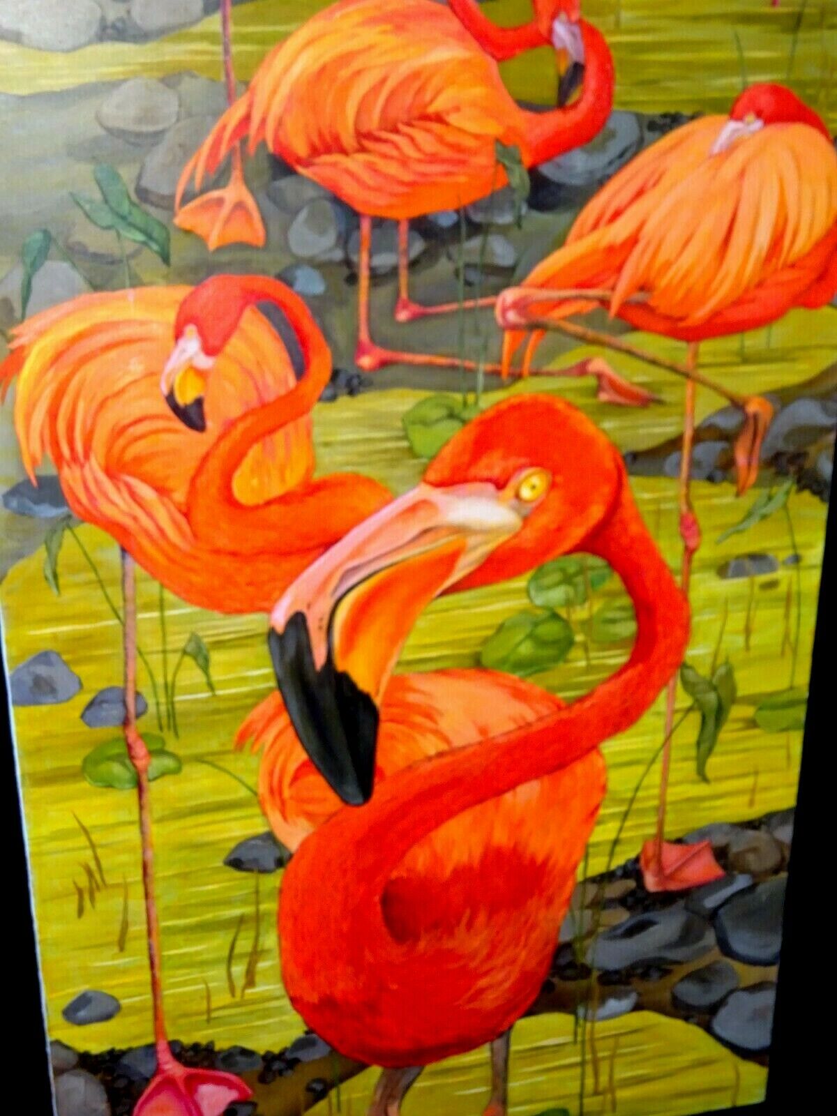 Vintage US Whimsical Acrylic Painting "The Four Flamingos" by Laura Norton (ScD)