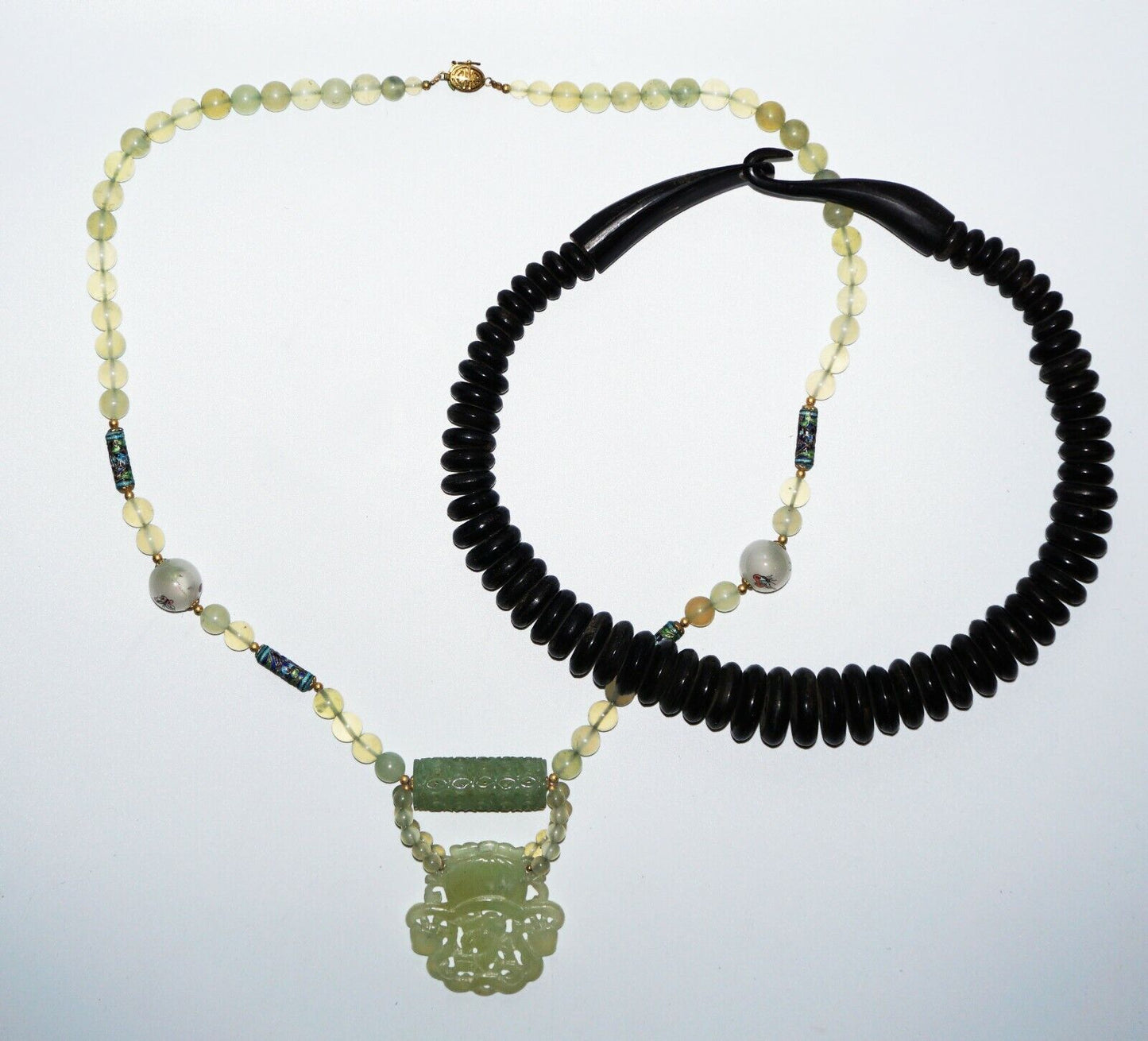 2x Vintage Chinese Horn & Hard-stone & Glass Bead Necklace w. Pendant (NoN)C2