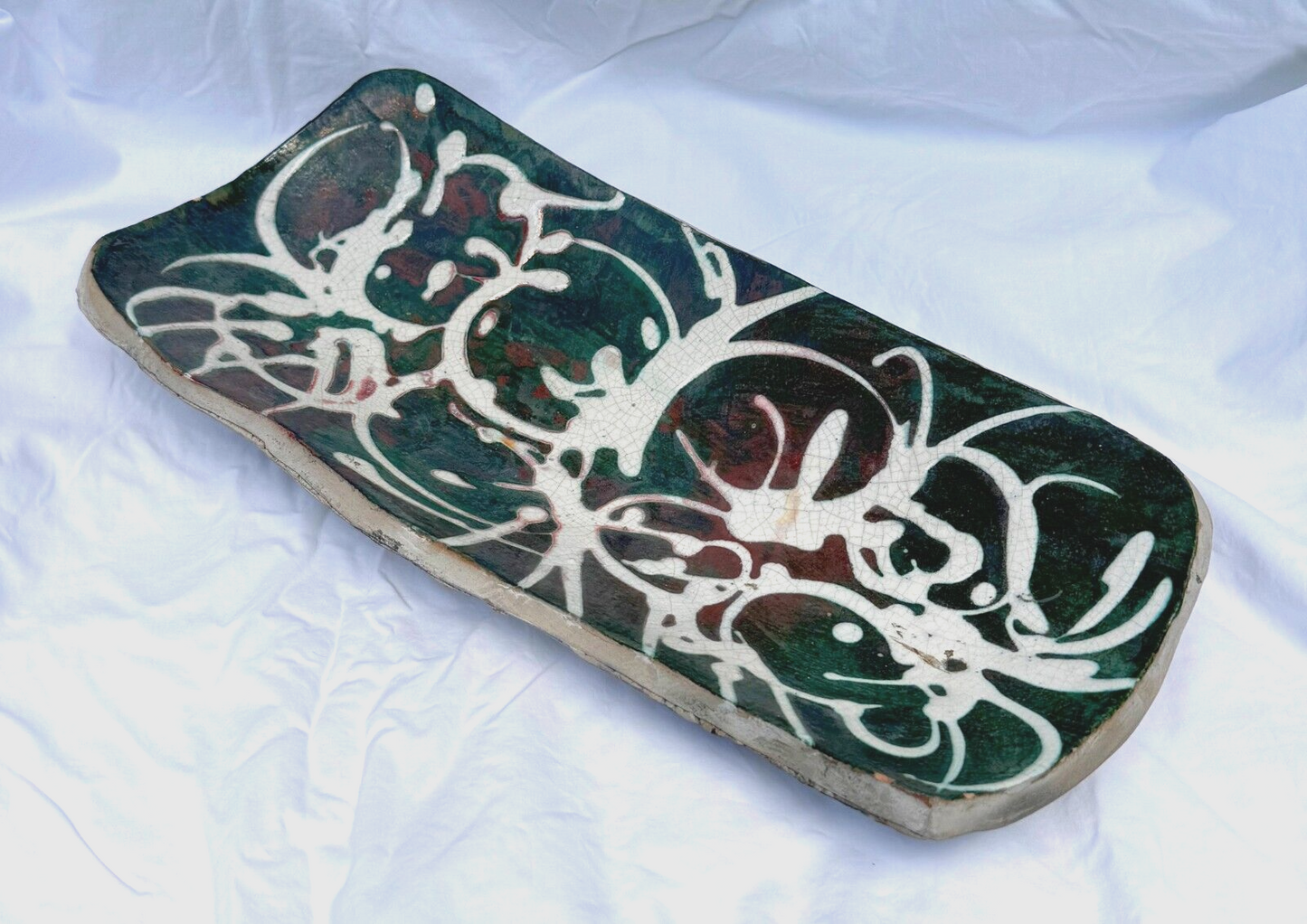 Vintage Abstract Deep Red & Green Swirled Ceramic Platter by David Kuraoka (MoM)