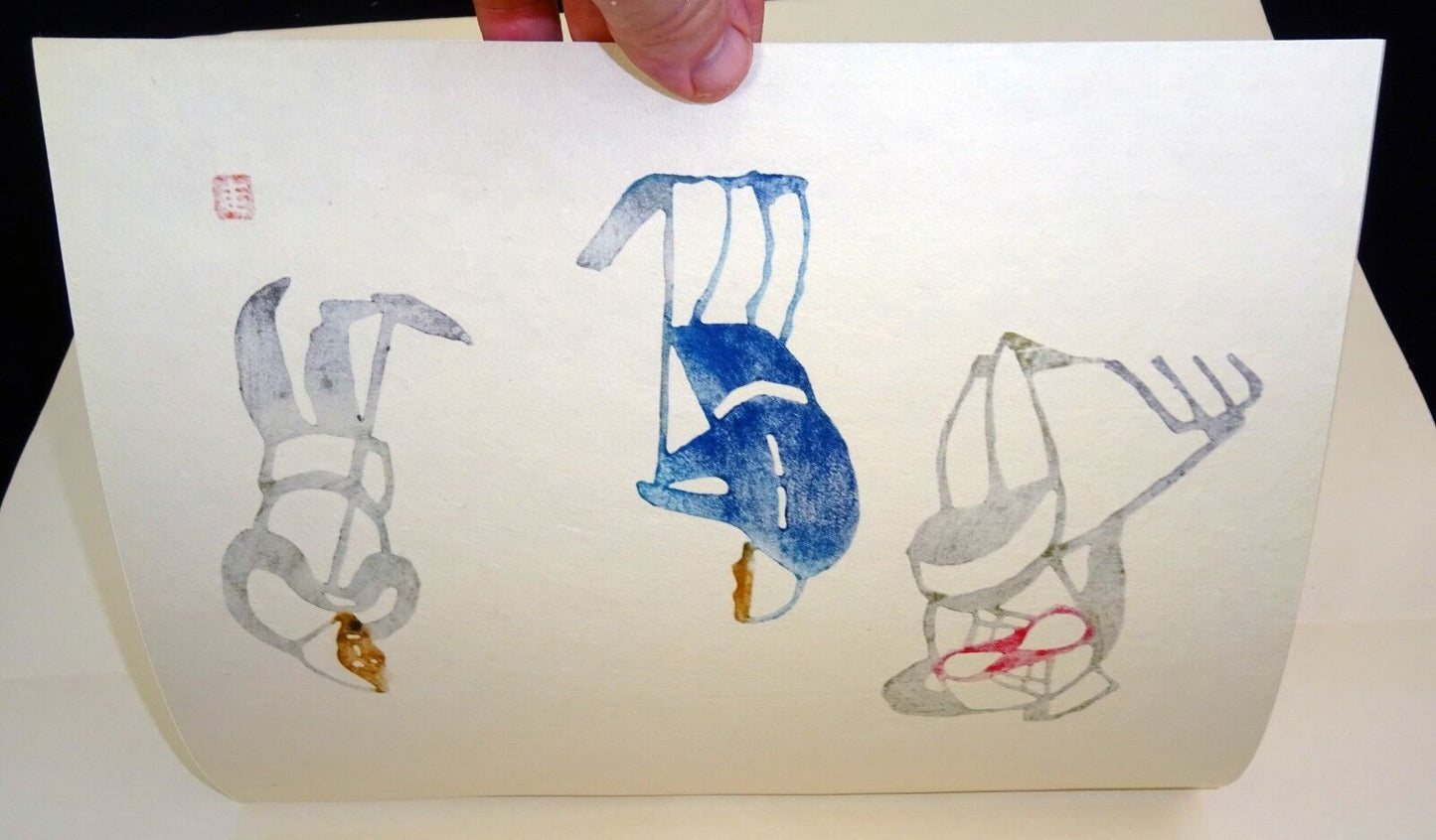 1960s Japanese Woodblock Print "Three Figures Working" by Mikumo Ishihara (Fur)