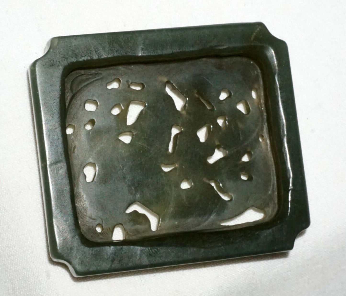 Antique Chinese Dark Green Nephrite Jade Pierced Cover Dragon Lingzhi Bat (---)