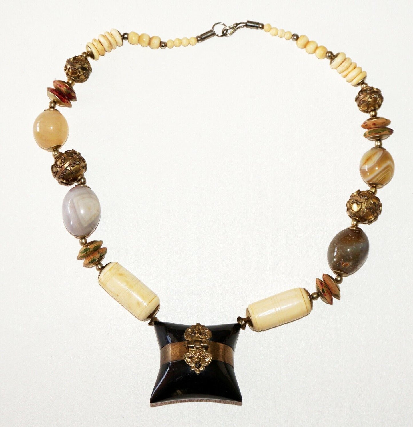 Modernist Bone Stone Brass Bead Necklace w. Resin Pillow Locket Pendant (Bsg)#39