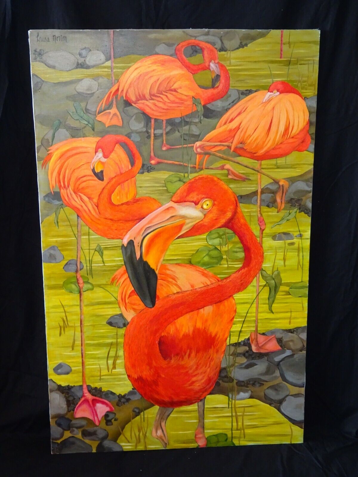 Vintage US Whimsical Acrylic Painting "The Four Flamingos" by Laura Norton (ScD)