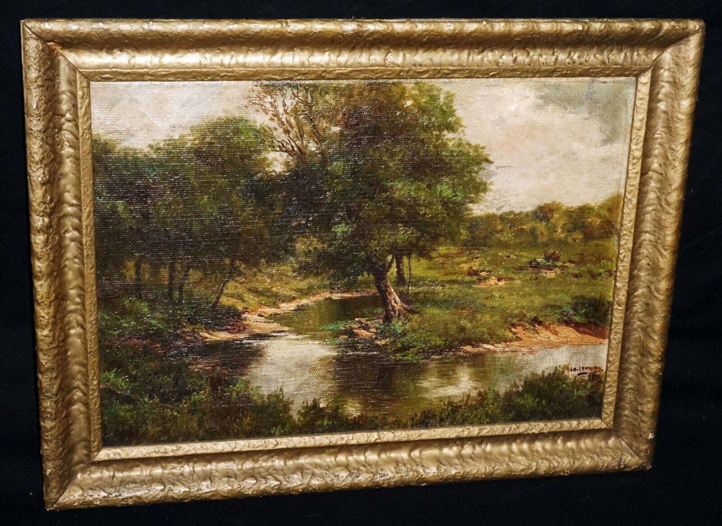 1911 US Framed Oil Painting Country Stream & Tree by L.H. Lemong (?) (New)
