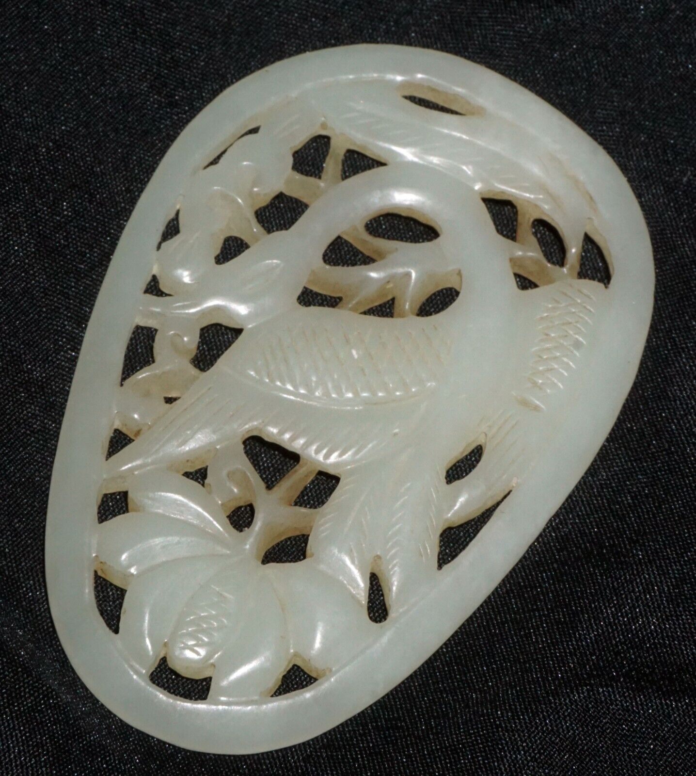 Antique Chinese Nephrite Jade Pierced Pendant Crane & Floral Motifs (---)
