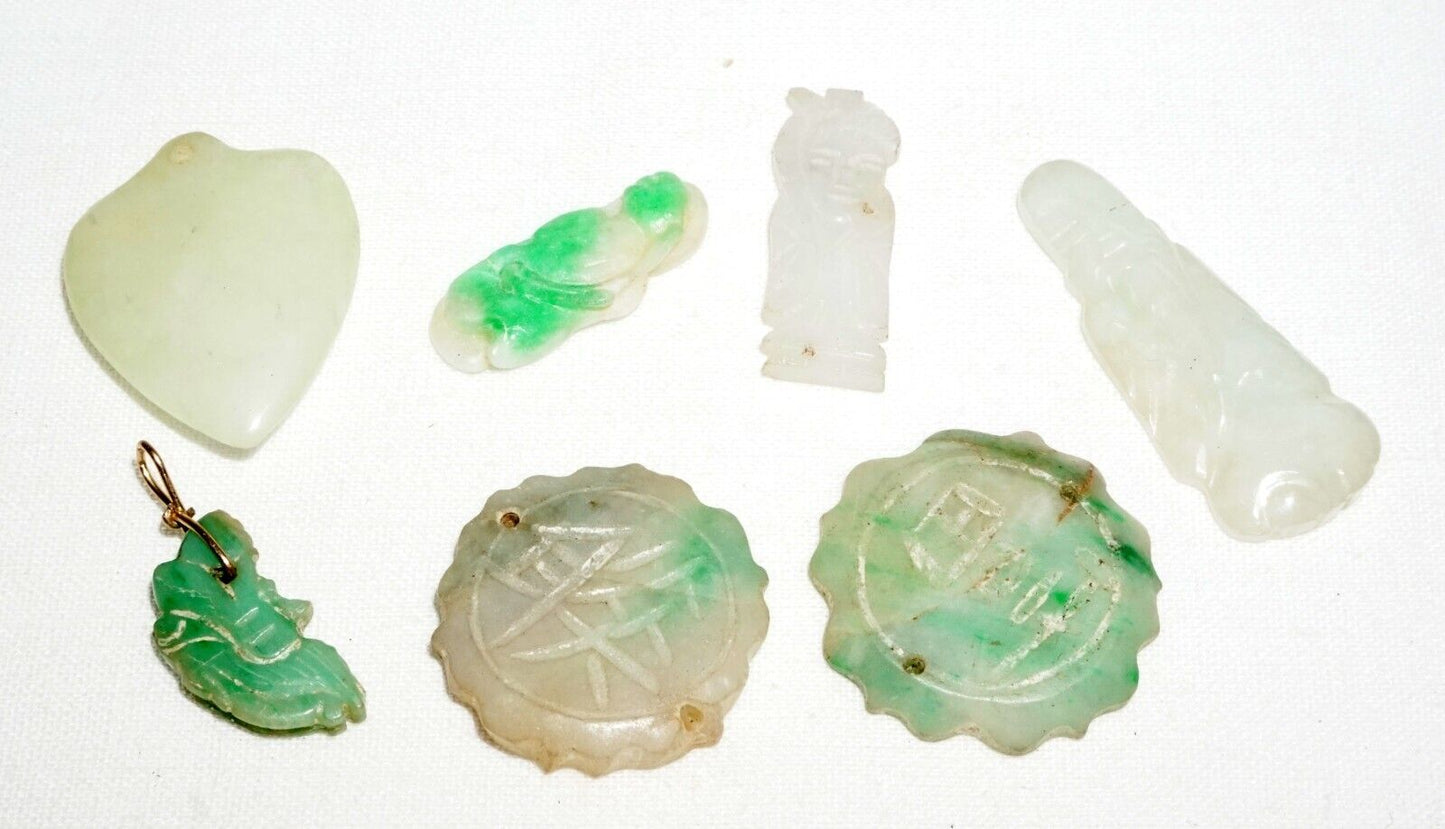 7Pc Vintage Chinese Miniature Jadeite Jade Carved Pendants & Ornaments (***)