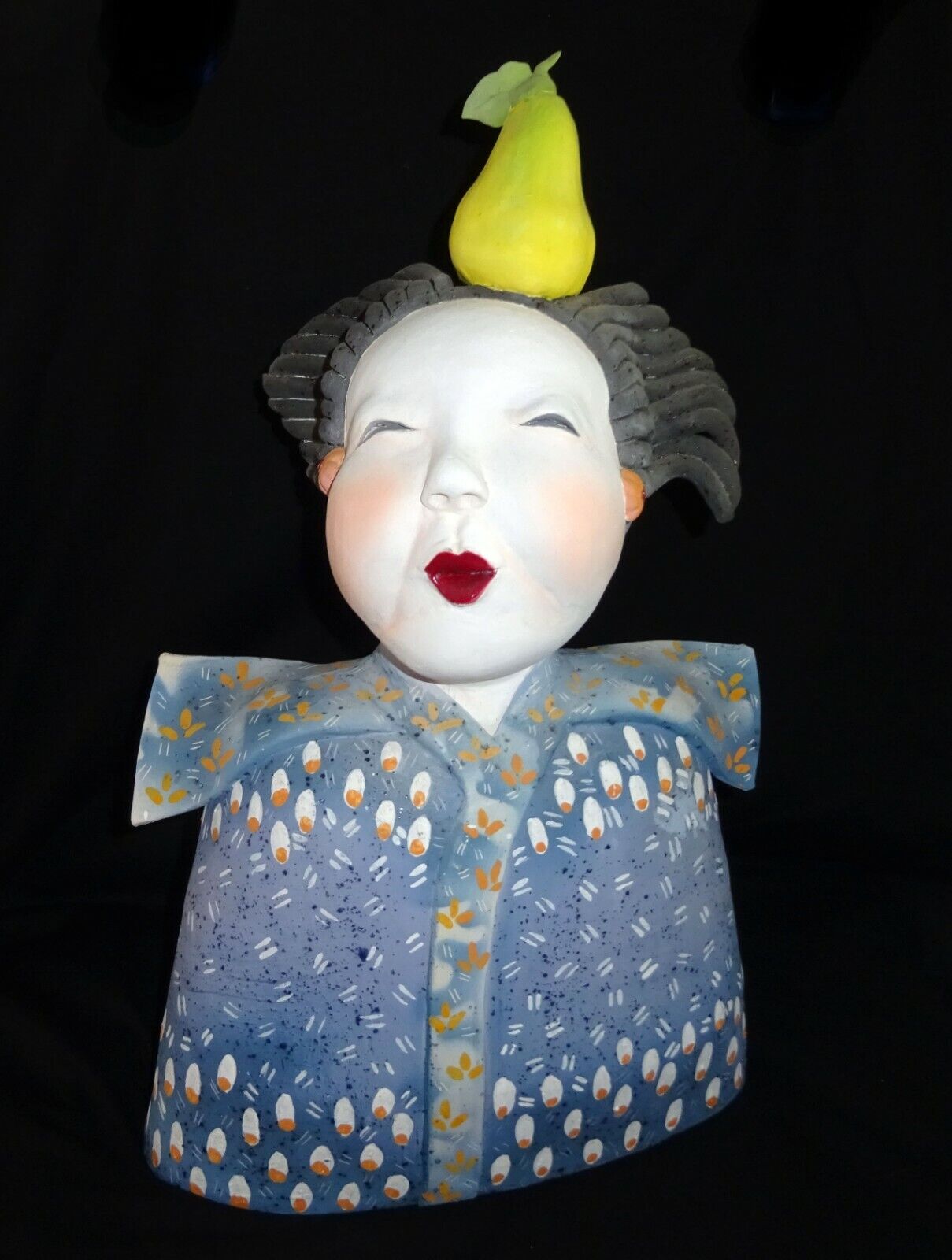 Hawaii Whimsical Pottery Sculpture "Balancing Act w. Pear" by Vicky Chock (Z)