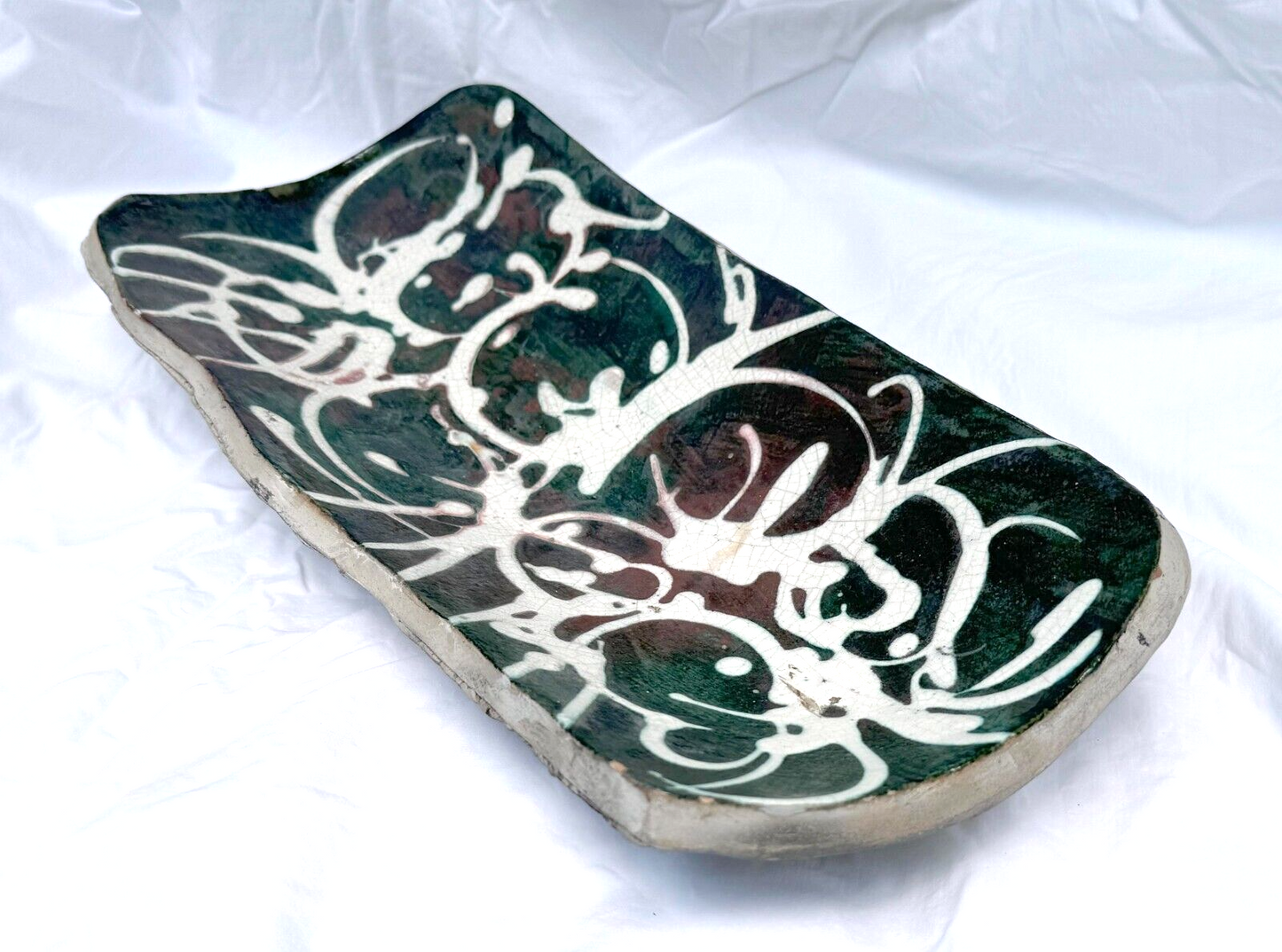 Vintage Abstract Deep Red & Green Swirled Ceramic Platter by David Kuraoka (MoM)