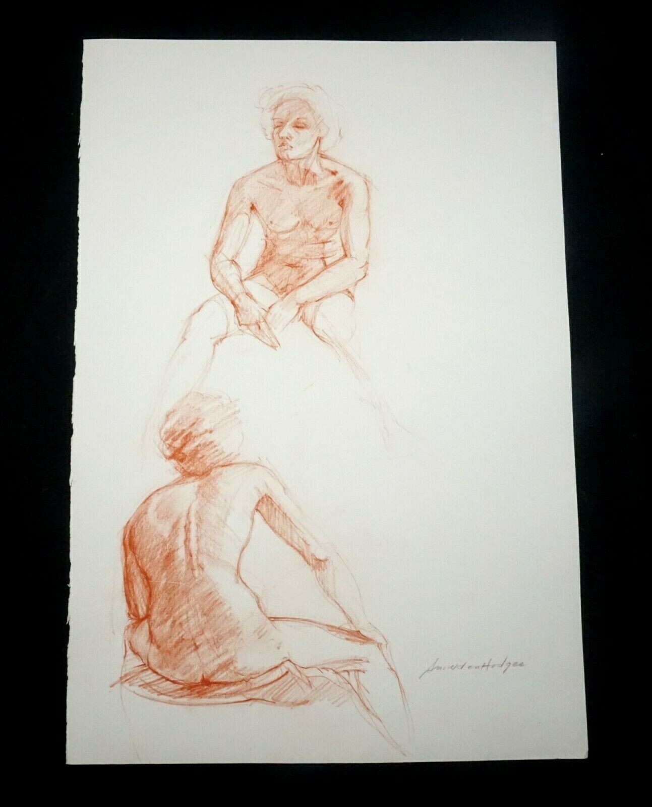 Hawaii Conte Crayon Drawing Seated Male Nude Back View Snowden Hodges (Sho)#28