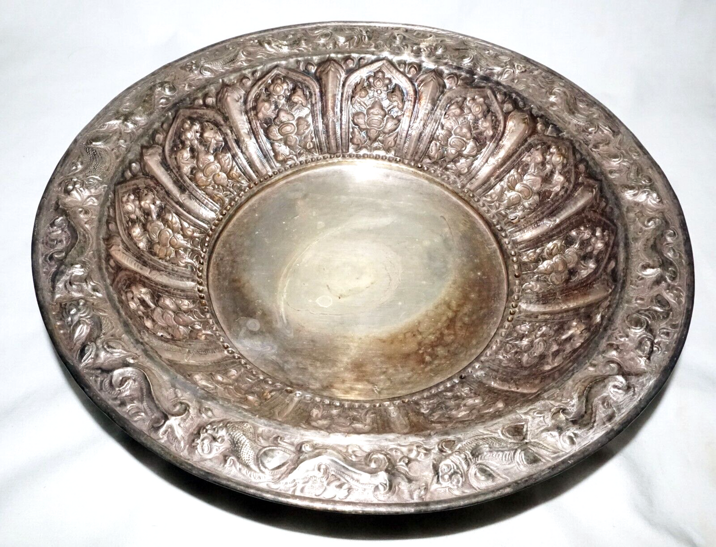Vintage South East Asian Silver Alloy Deep Dish w. Relief Motifs & Marks (UVi)#7