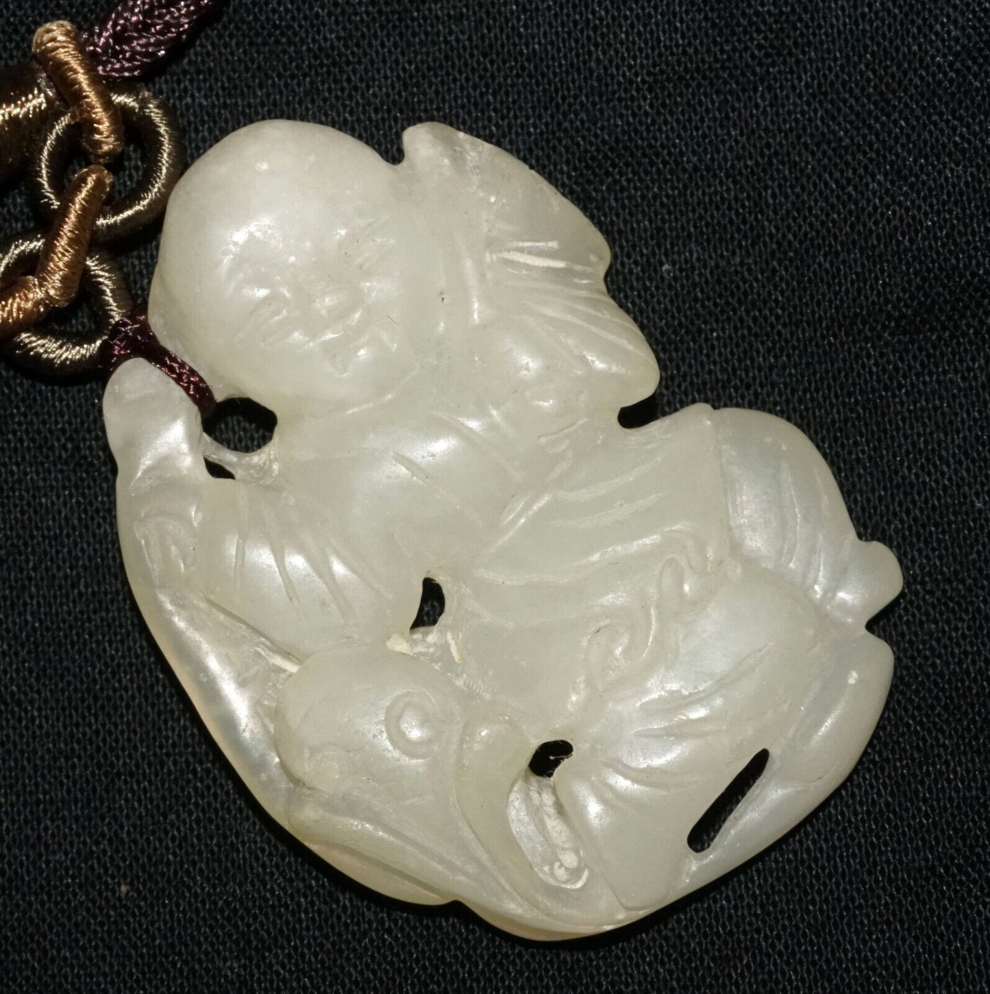 Antique Chinese White Jade Boy Holding Peach Branch Pendant & Necklace (LeS)L24