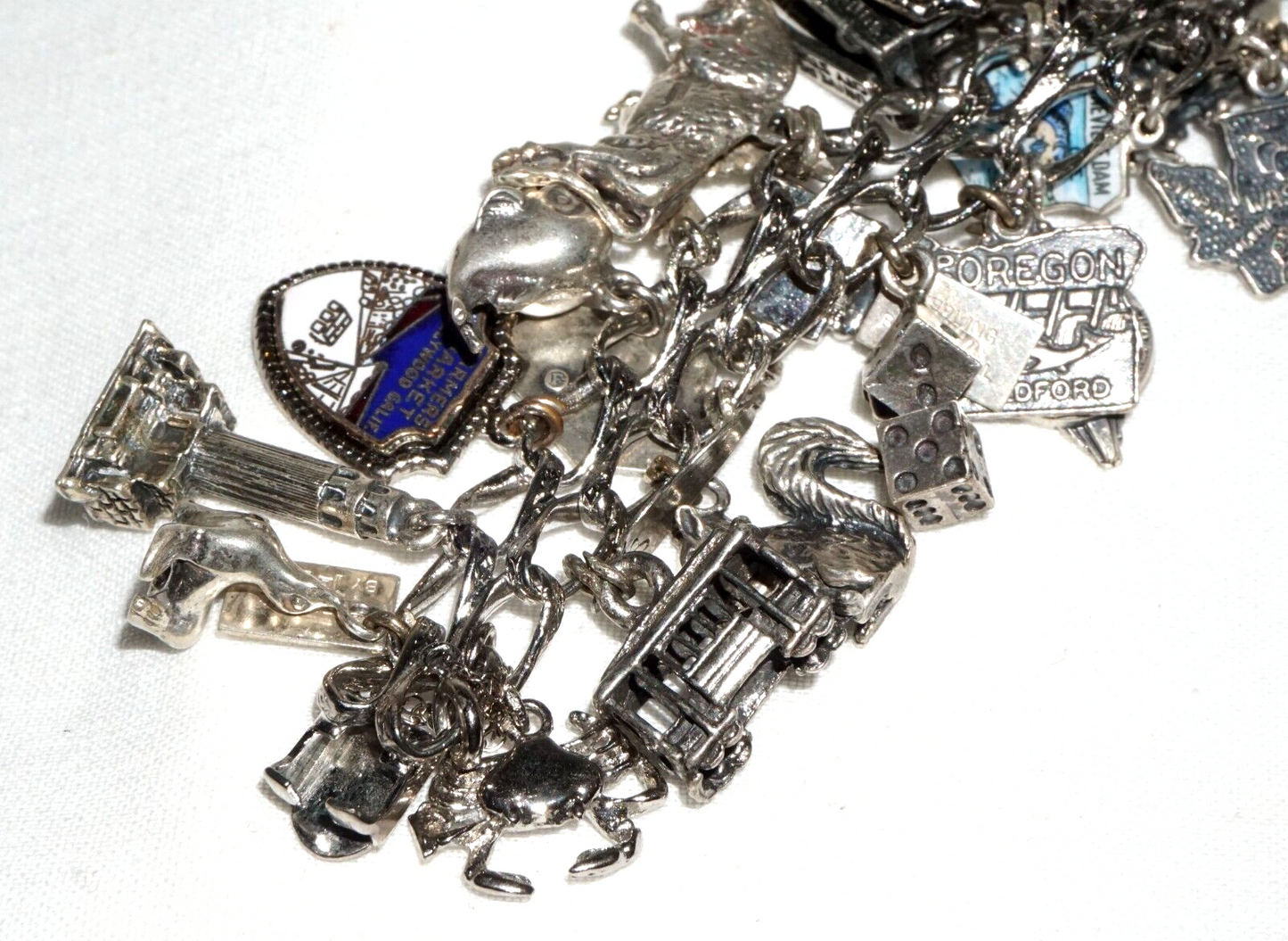 Vintage Sterling Silver Charm Bracelet w. 40x Travel & US State Charms (BrM)#6