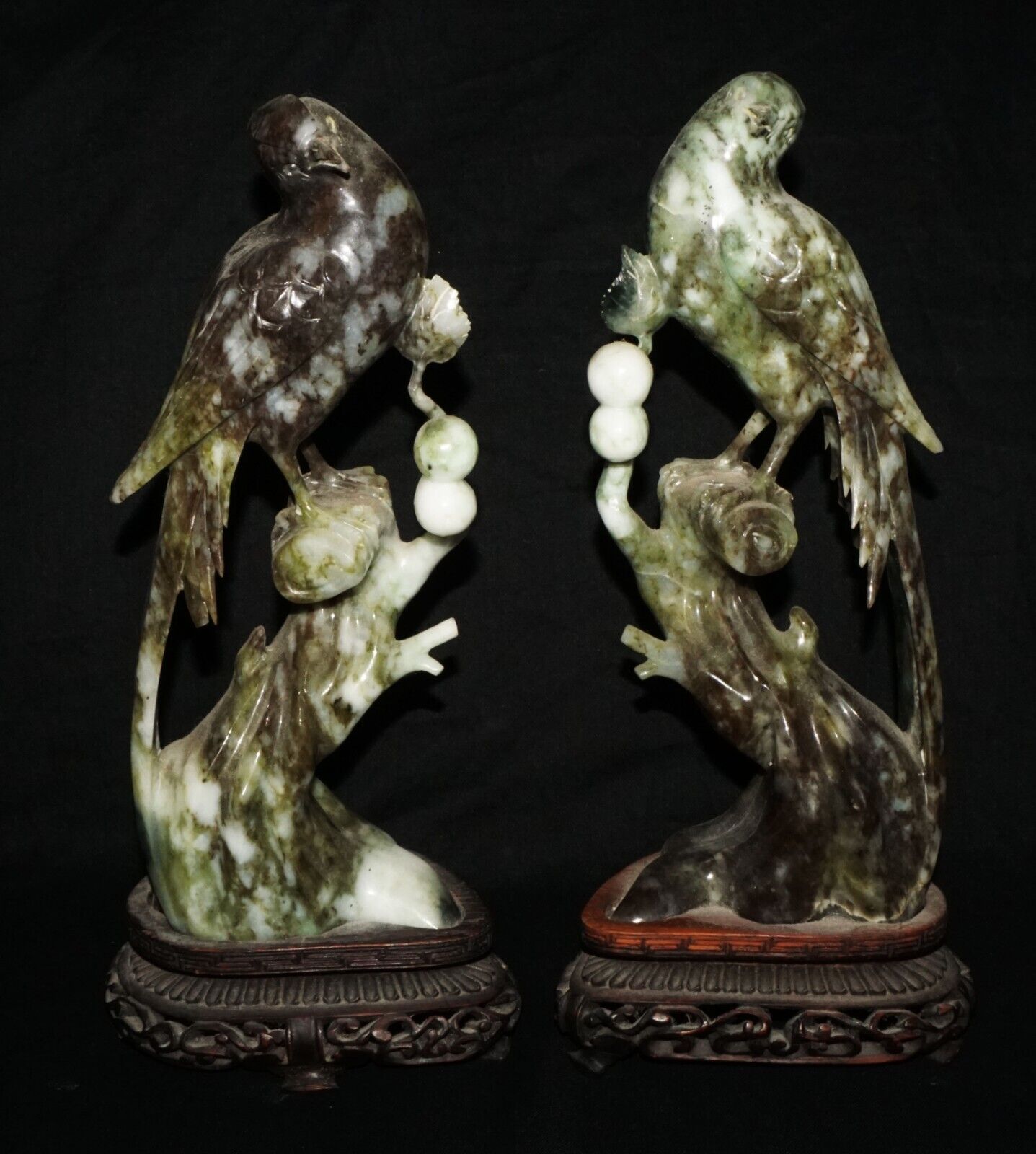 Pair Vintage Chinese Mottled Black Jadeite Jade Carvings Exotic Birds (LeD)