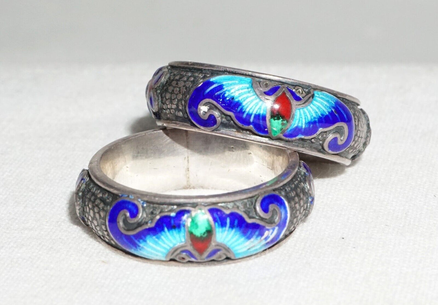 2Pc Chinese Silver & Multicolor Enamel Rings Sz.5 w. Bat Motifs (---)