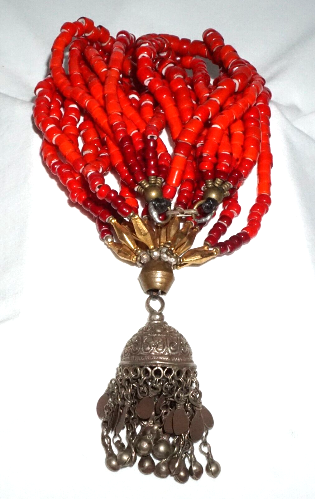 Vtg Chunky 7x Strand Red Glass Bead Necklace Bell Pendant Masha Archer (GeB)#16