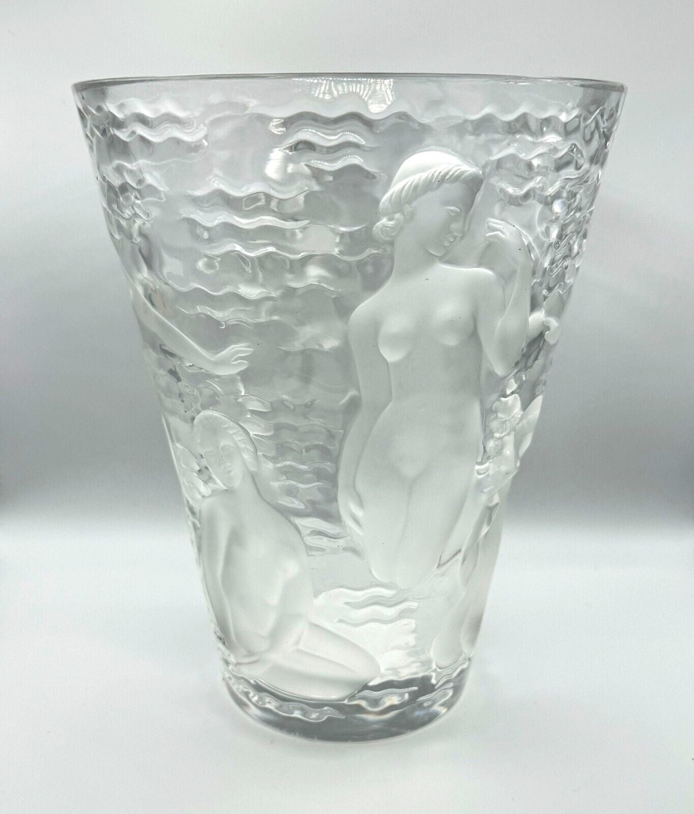 Vintage French Frosted Crystal Lalique Ondines Nudes Vase (AHB)