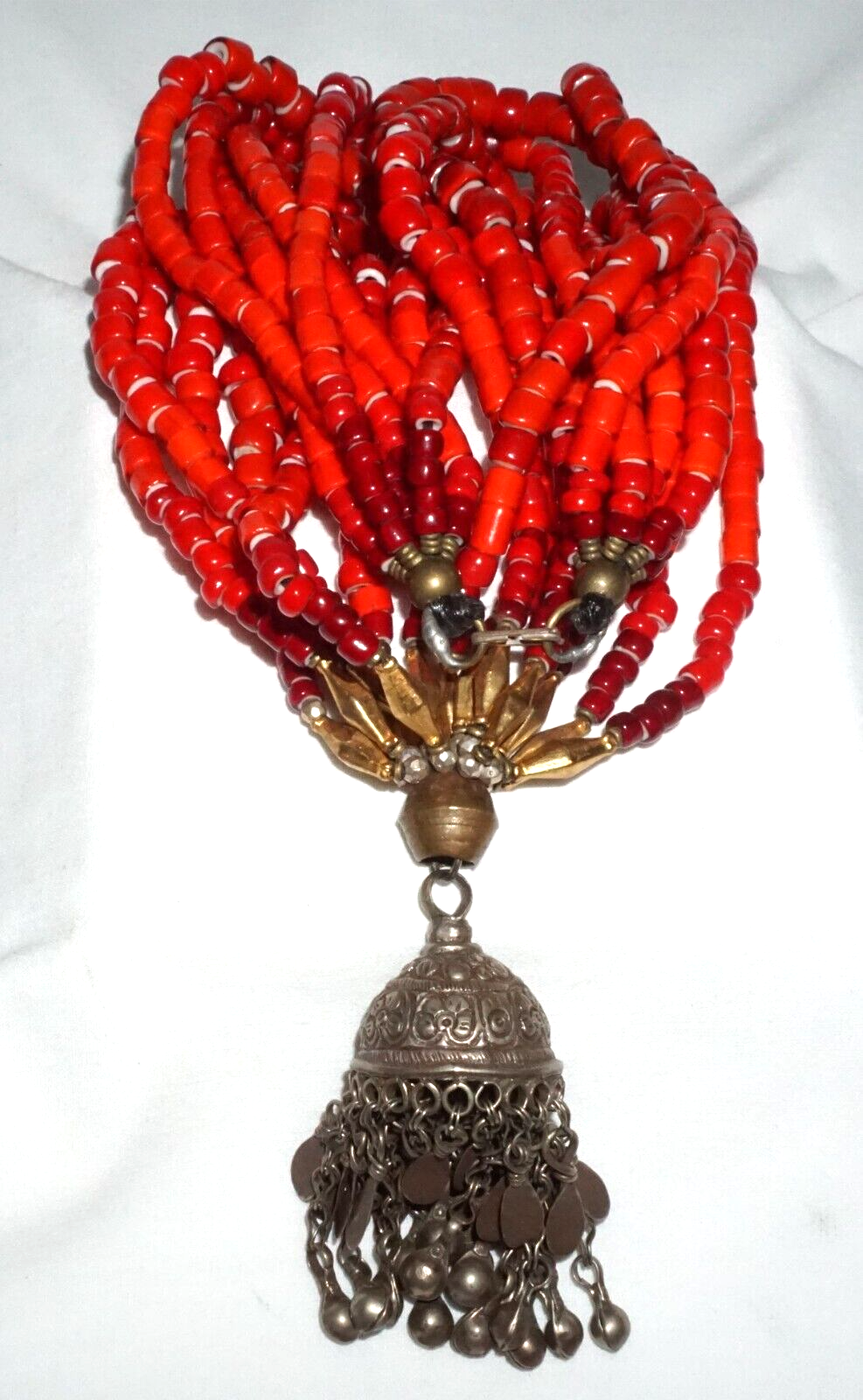Vtg Chunky 7x Strand Red Glass Bead Necklace Bell Pendant Masha Archer (GeB)#16