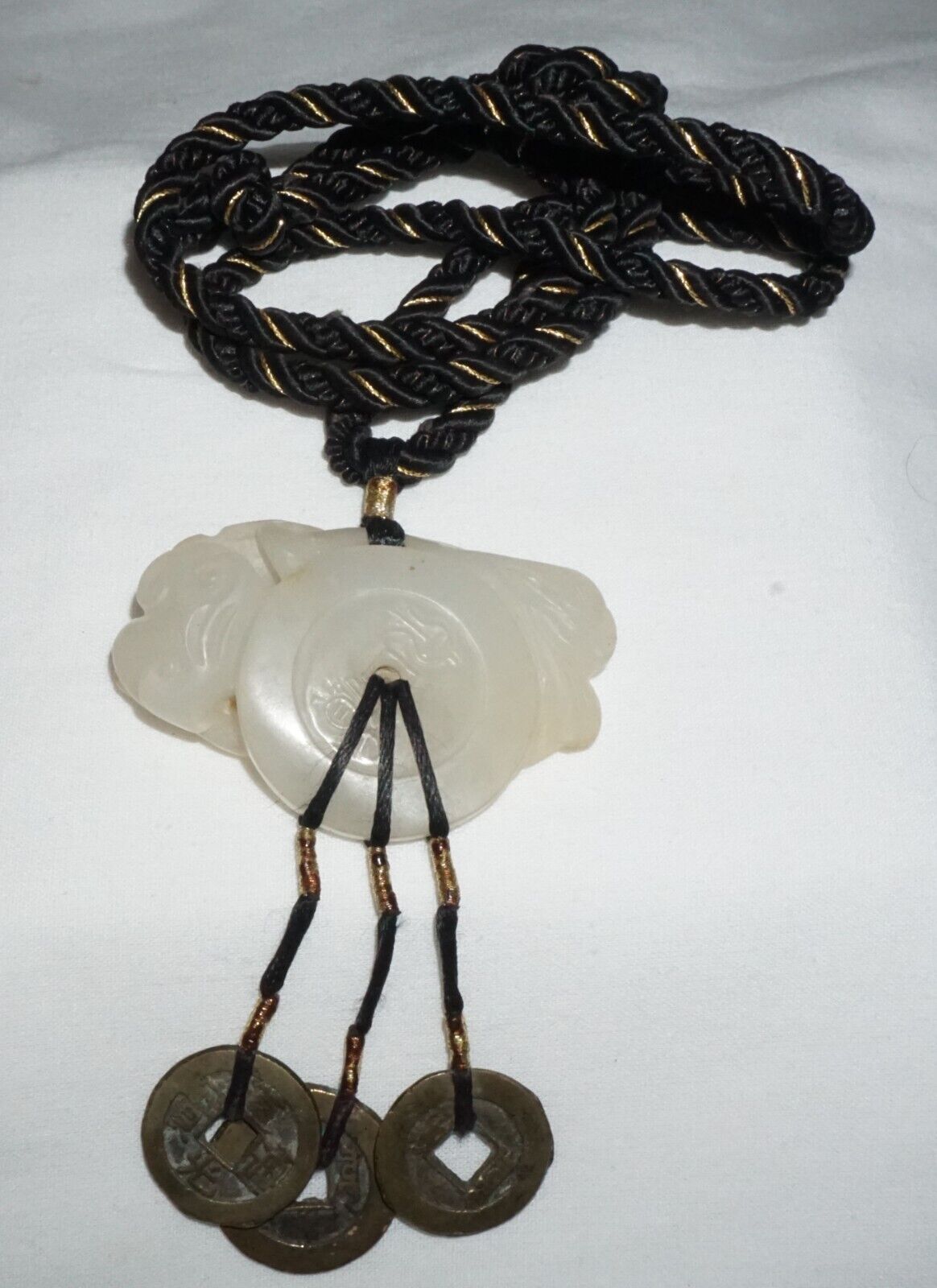 19C Chinese Nephrite Jade Pendant w. Bat & Coin Motif on Cord Necklace (FeL)