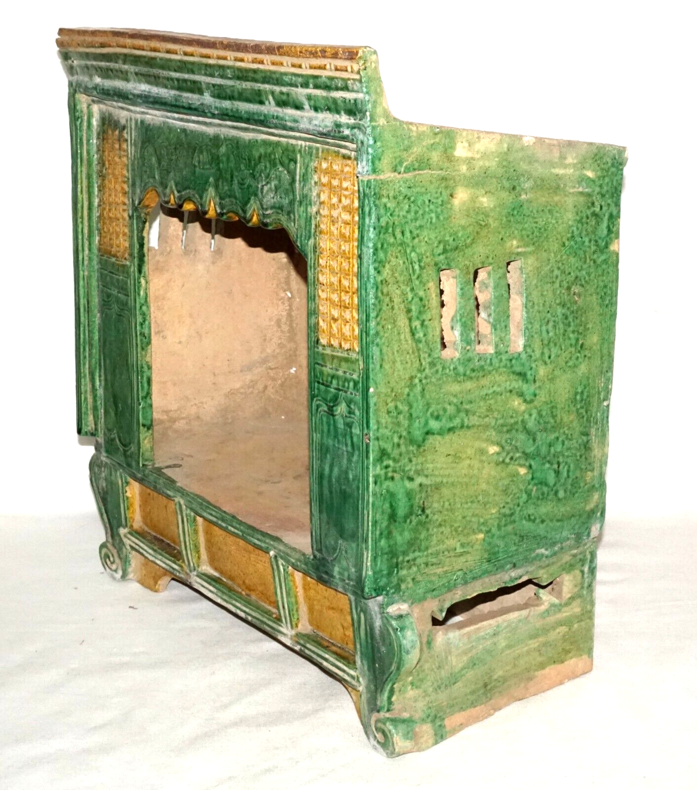 Antique Chinese Ming Green & Yellow Glazed Stoneware Mini Bed in Box (UVi)#11 IC