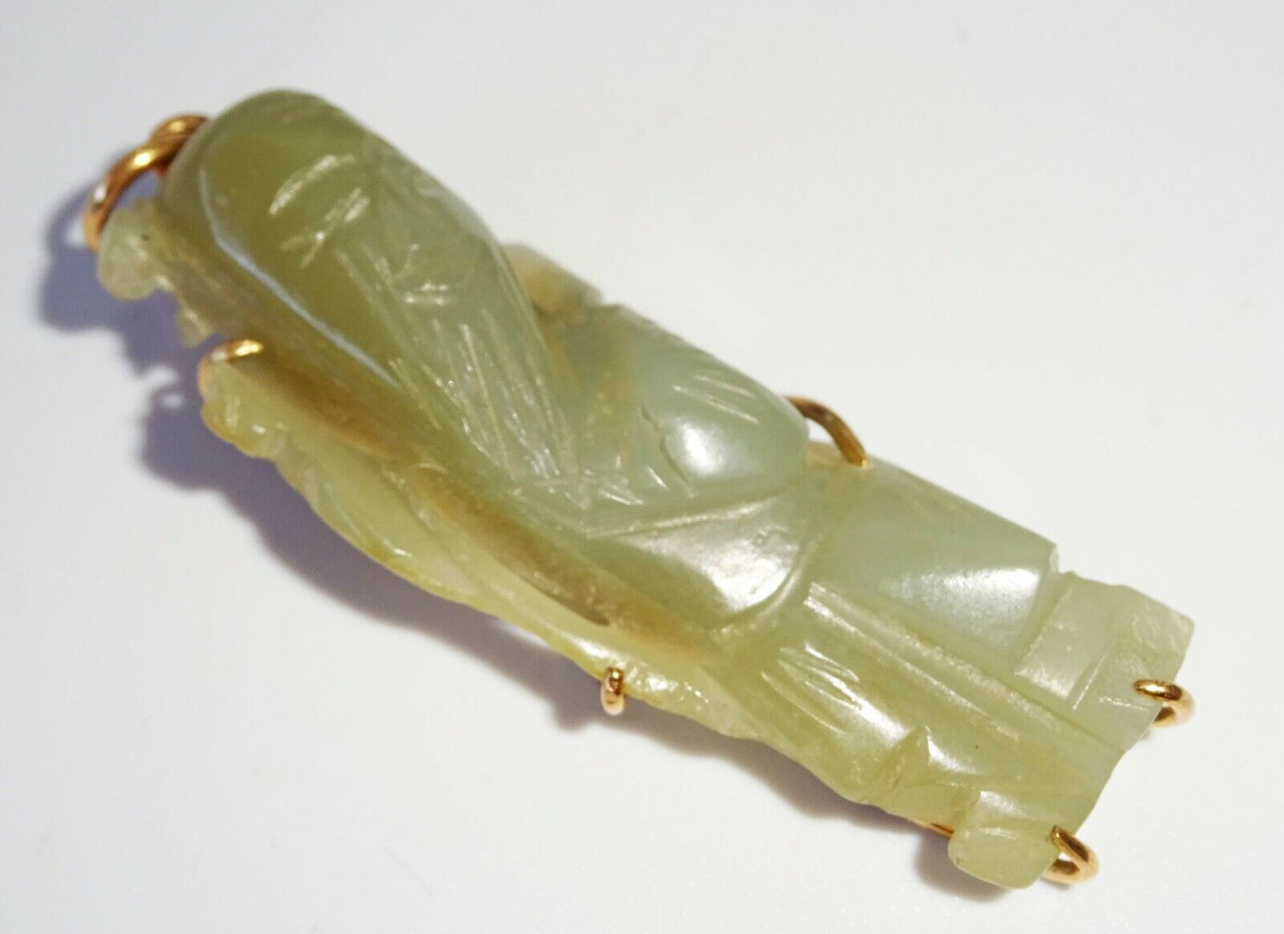 19C Chinese Nephrite Jade Carved 14K Yellow Gold Pendant God Long-life (FeO)#28