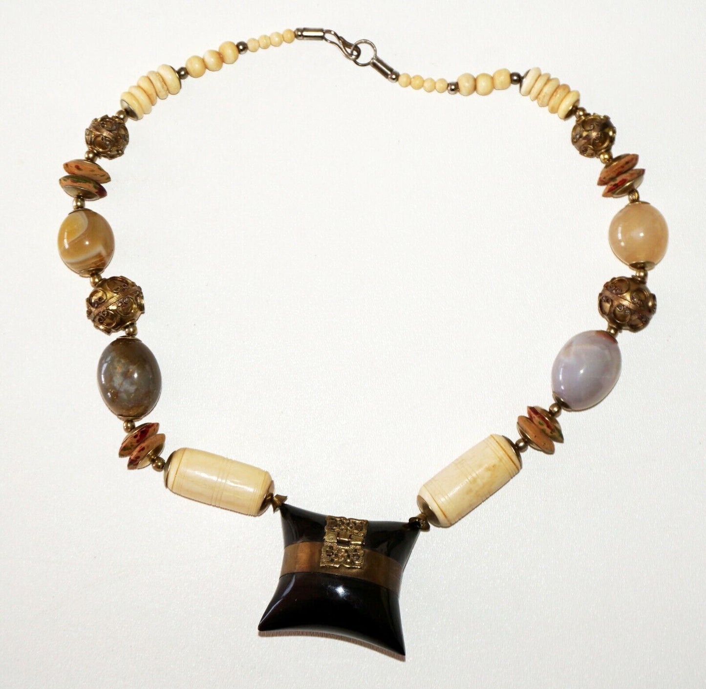 Modernist Bone Stone Brass Bead Necklace w. Resin Pillow Locket Pendant (Bsg)#39
