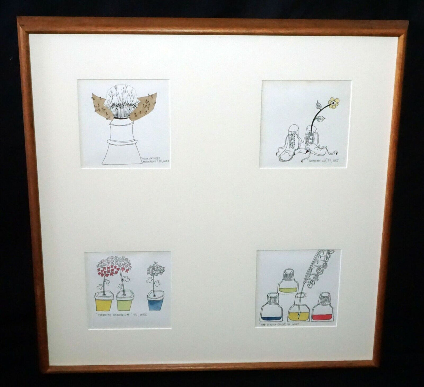 1972 US Koa Framed 4x Color Print Whimsical Grouping signed W.R.T. (CWo)