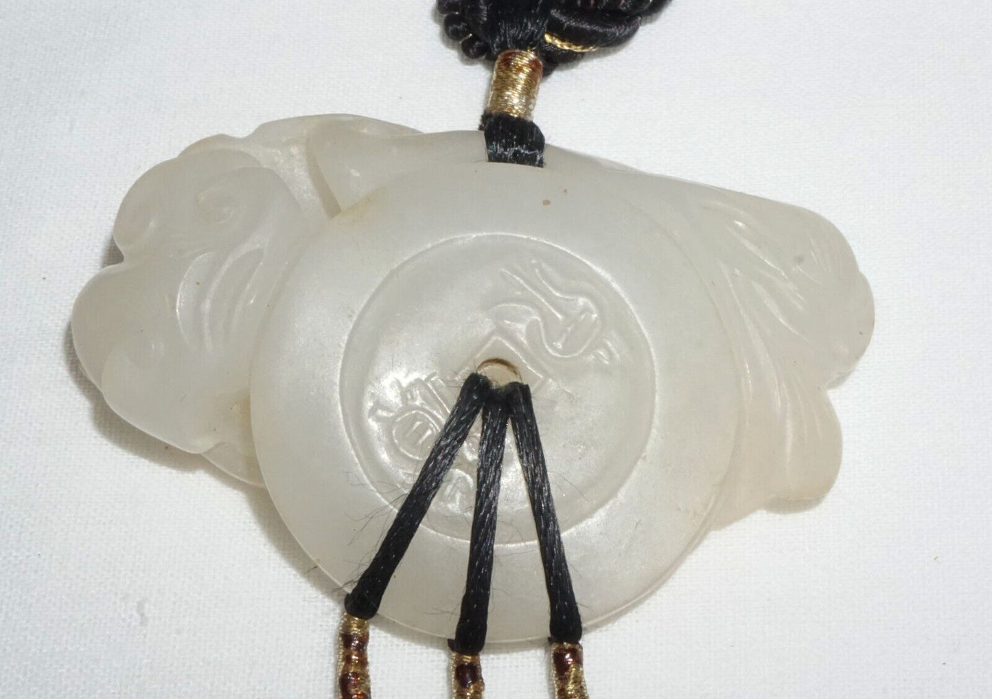 19C Chinese Nephrite Jade Pendant w. Bat & Coin Motif on Cord Necklace (FeL)