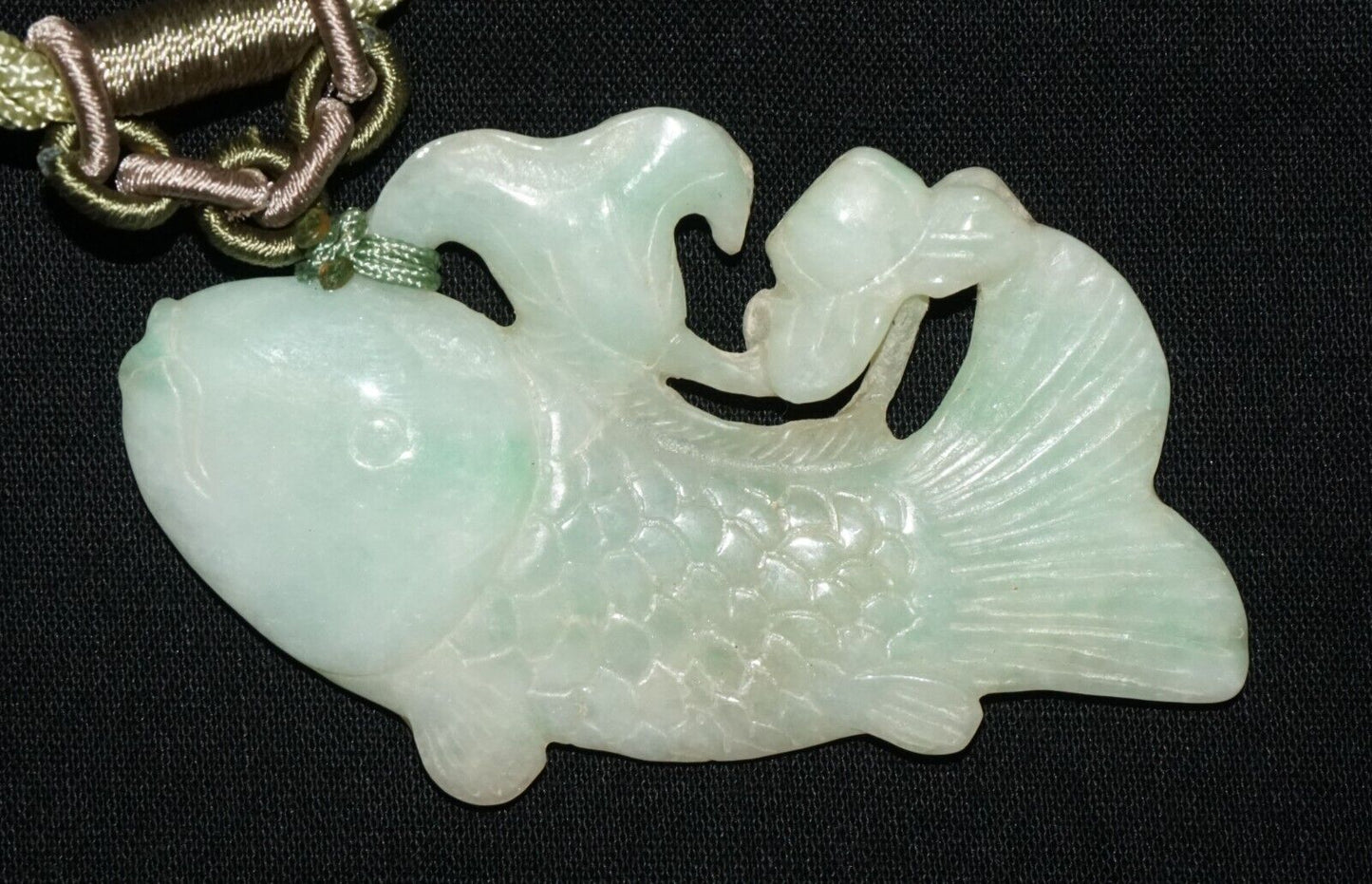 Vintage Chinese Jadeite Jade & Carp & Lotus Motif Carved Pendant (LeS)L23